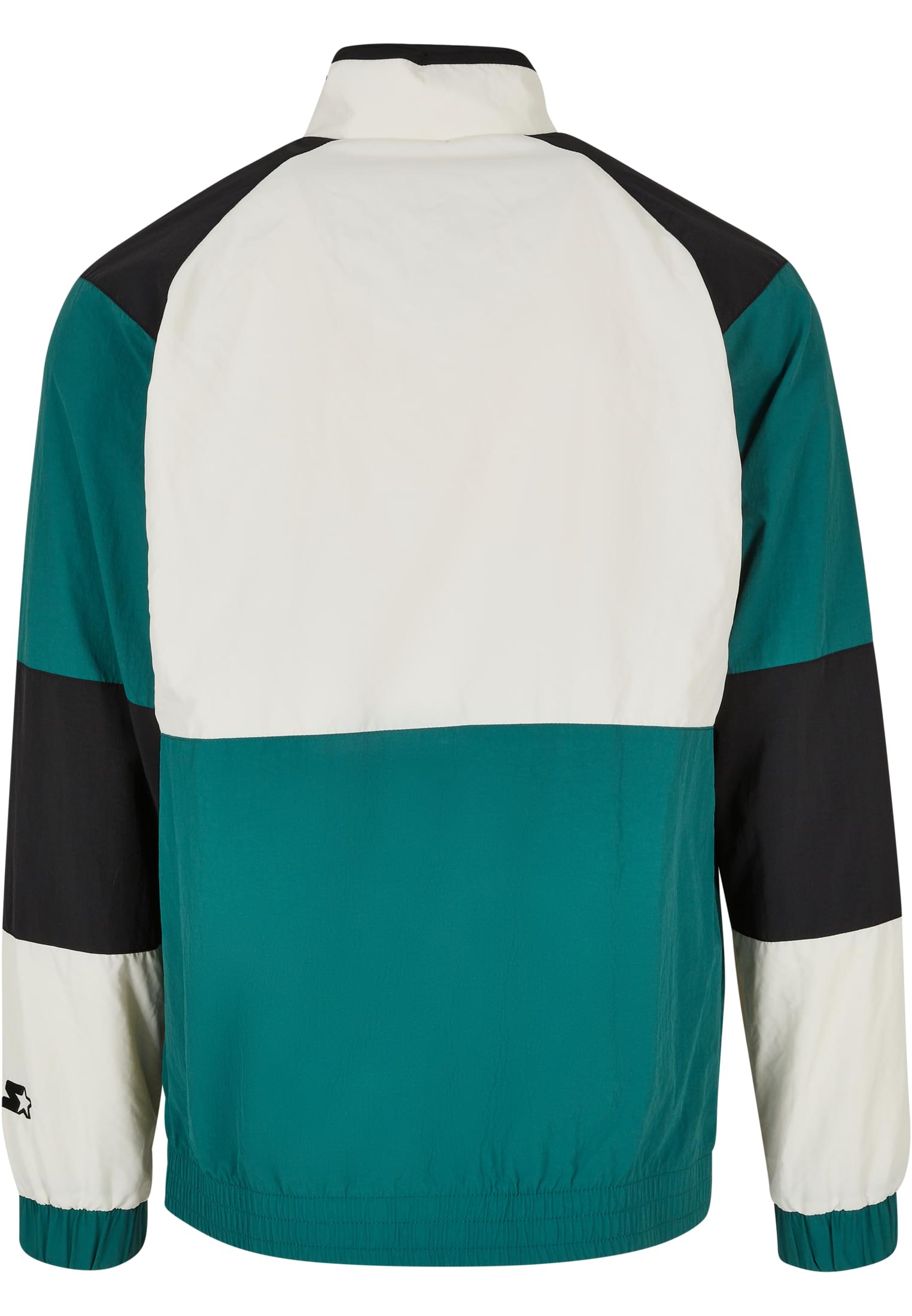 Baksidan av en SBL Starter Color Block Retro Jacket för herr. Jackan har en färgblocksdesign i turkosgrönt, benvitt och svart.
