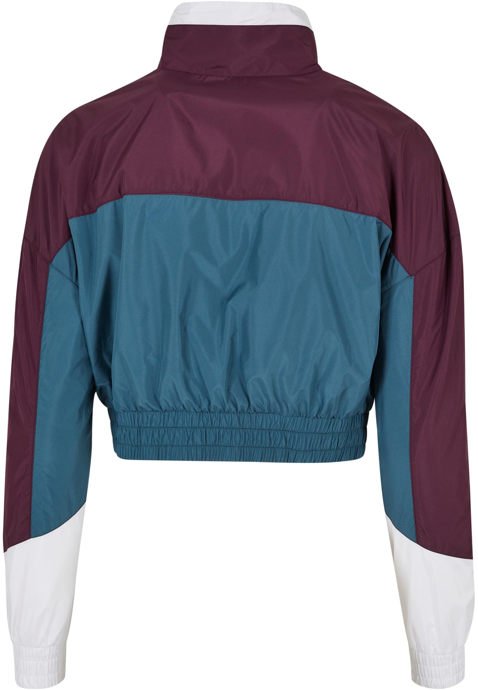 Baksidan av SBL Starter Colorblock Pull Over Jacket, en kort vindjacka för damer med färgblock i vinrött, blågrönt och vitt.