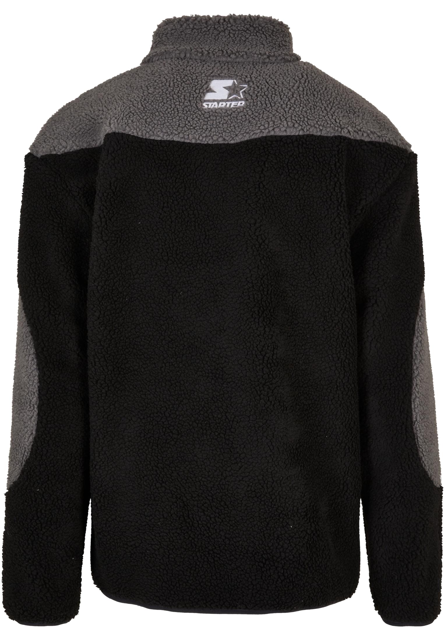 Baksidan av en svart och grå SBL Starter Sherpa Fleece Jacket med en broderad logotyp i nacken.