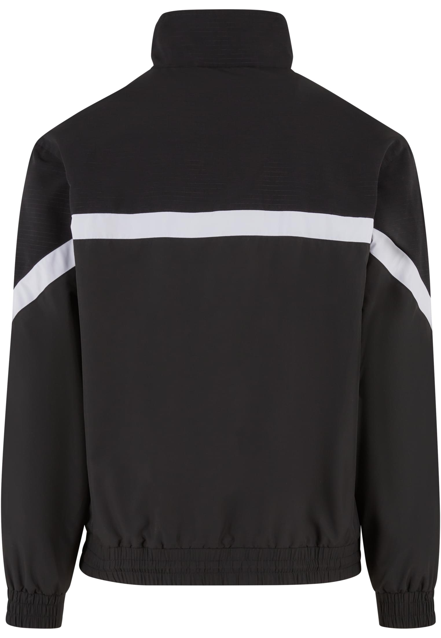 Baksidan av en svart träningsjacka med en vit rand som går över ryggen och fortsätter ner på ärmarna.