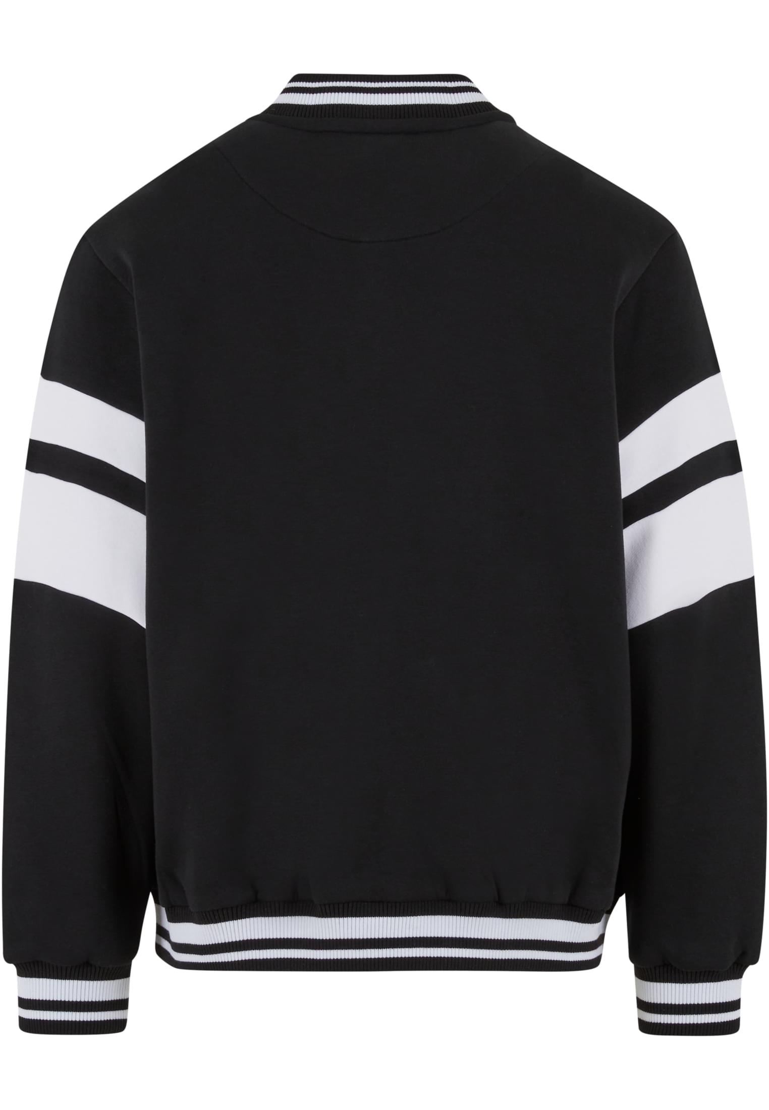 Baksidan av en svart collegejacka med vita ränder på ärmarna och randiga ribbade muddar.