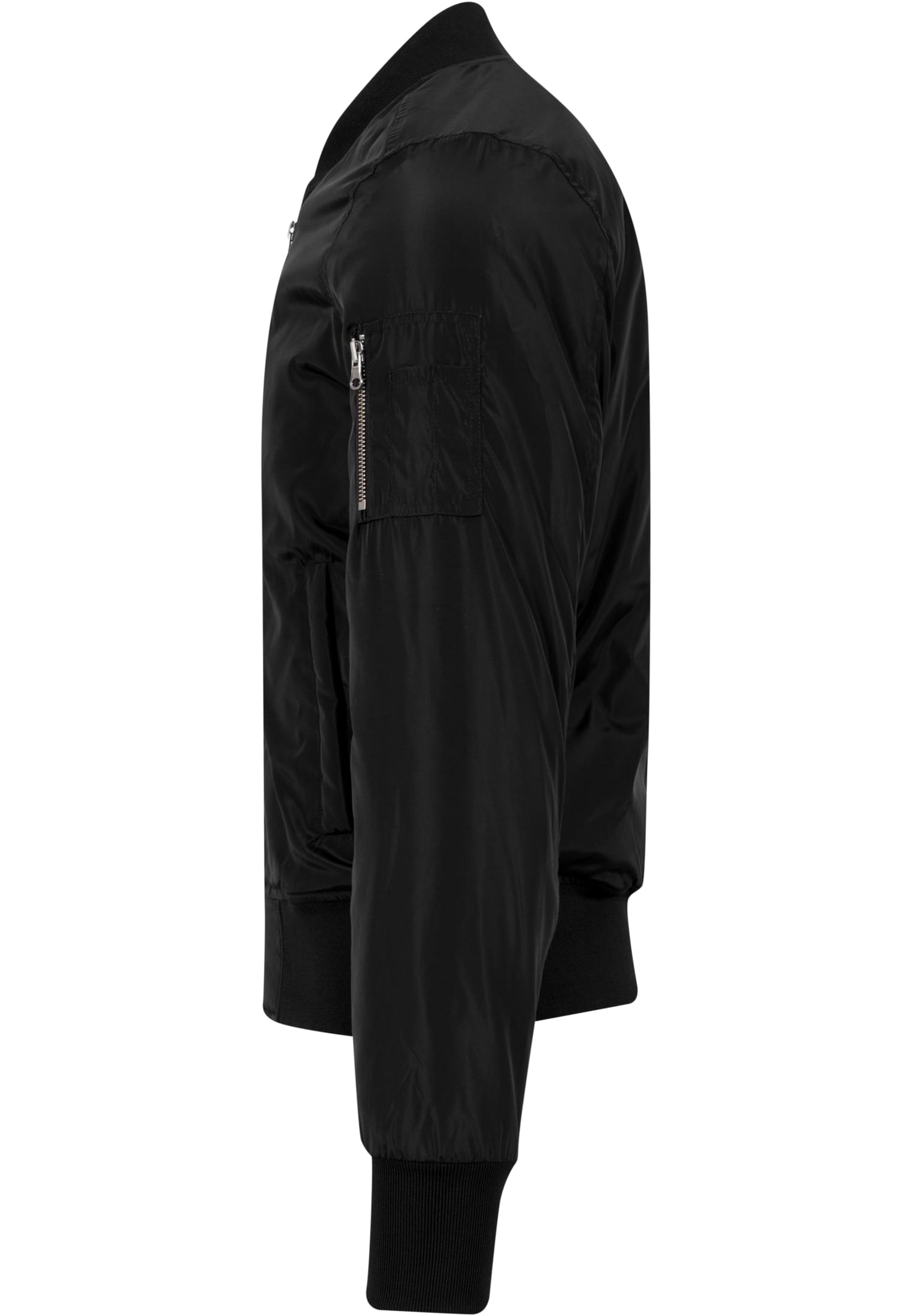 Sidovy av den svarta bomberjackan UC 2-Tone Bomber Jacket, som visar dess passform, ärmficka med dragkedja och ribbade muddar.