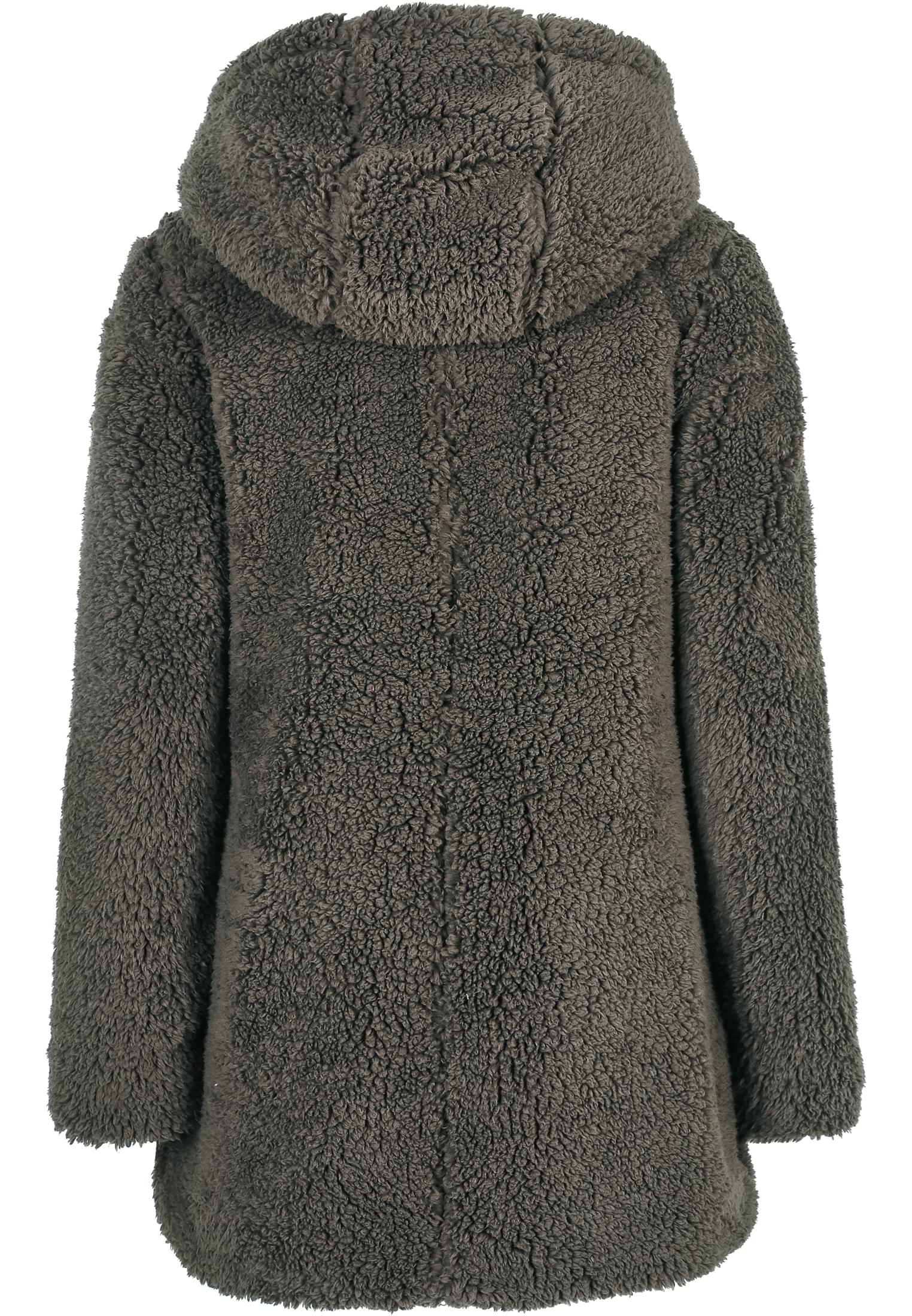 Baksidan av en mörk UC Sherpa Jacka med huva.