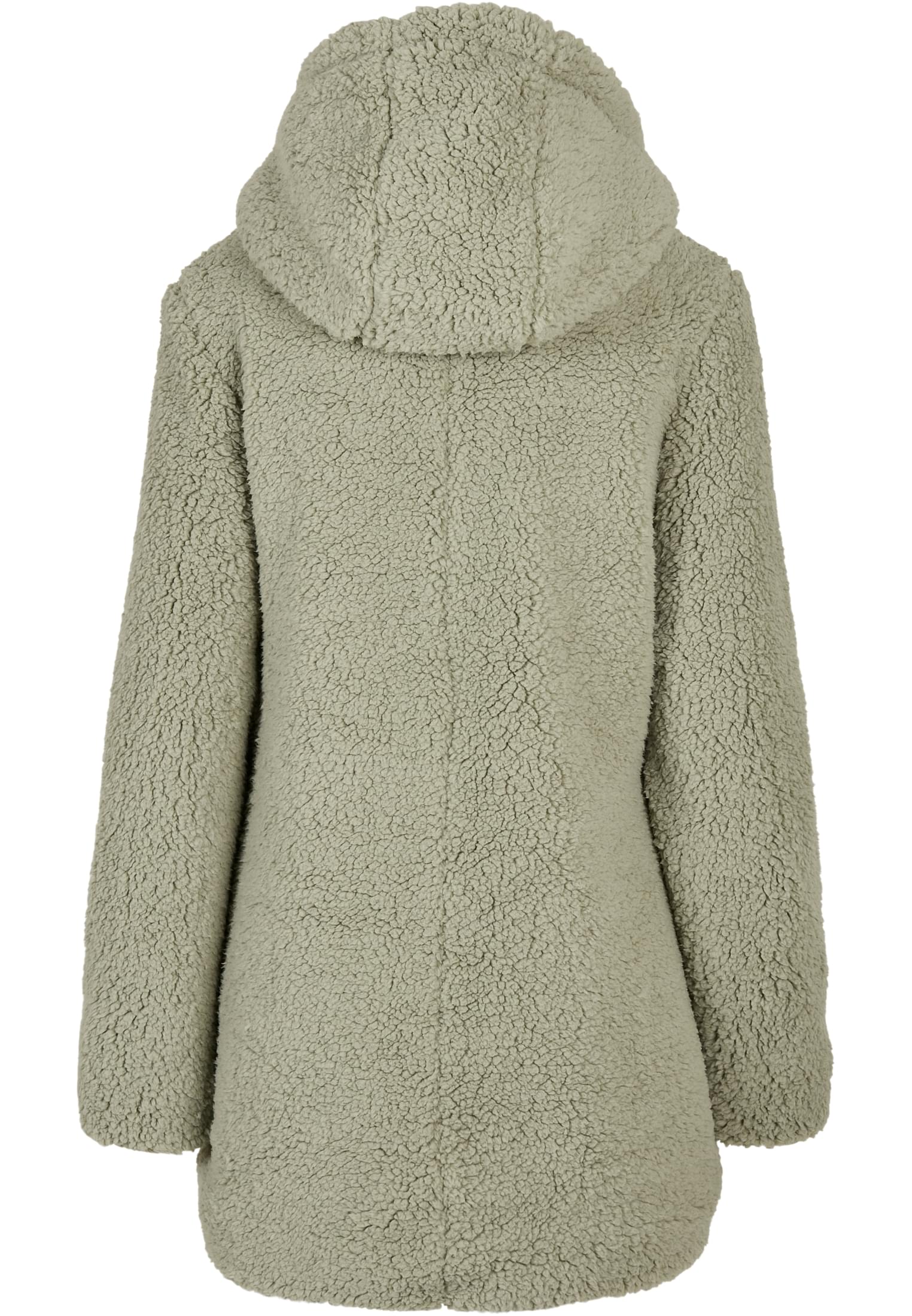 Baksidan av en ljusgrön sherpajacka med huva.