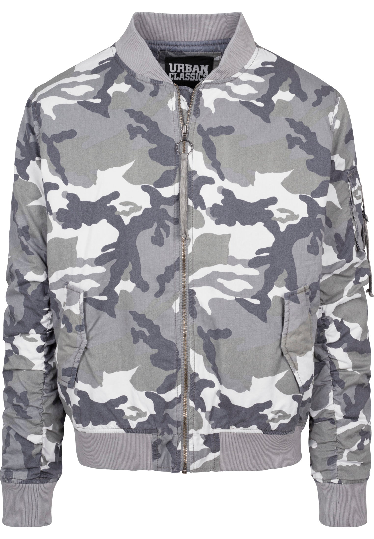 Framsidan av bomberjackan UC Vintage Camo Cotton Bomber Jacket i vit-grått kamouflagemönster.