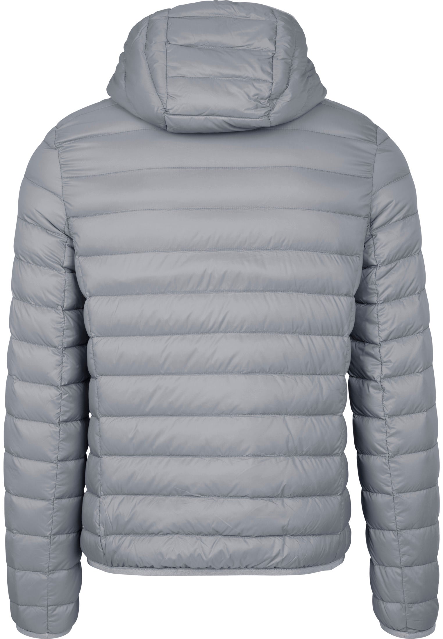 Baksidan av en grå, quiltad dunjacka med huva.