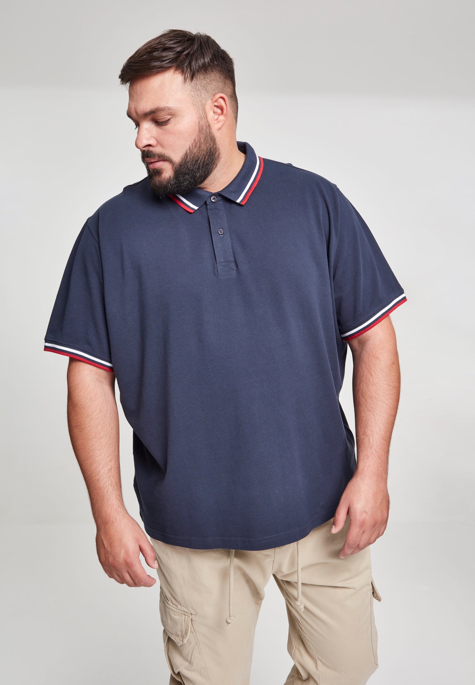 Double Stripe Polo skyrta dökkblár/hvítur/eldrauður XXL