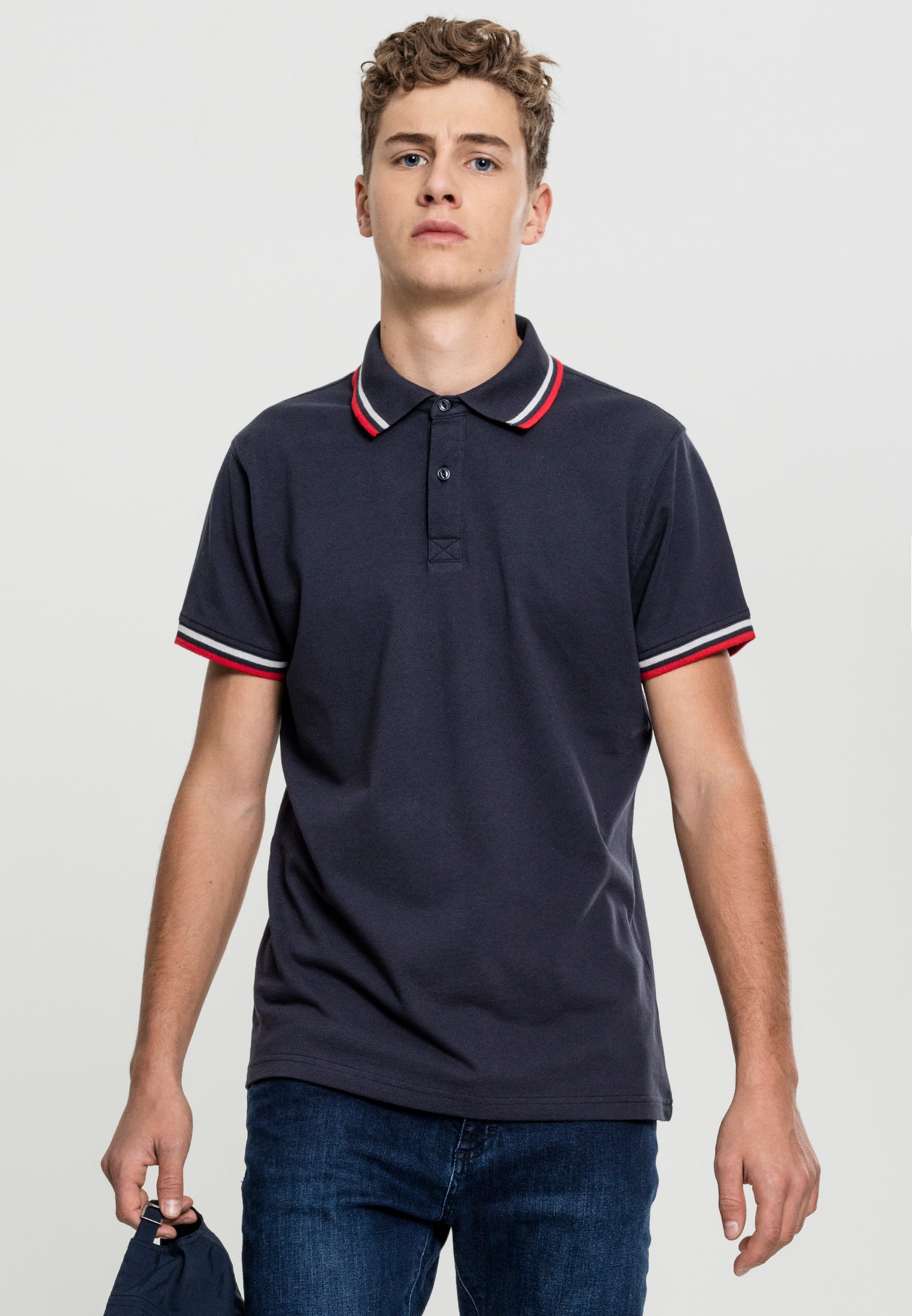 Double Stripe Polo skyrta dökkblár/hvítur/eldrauður XXL