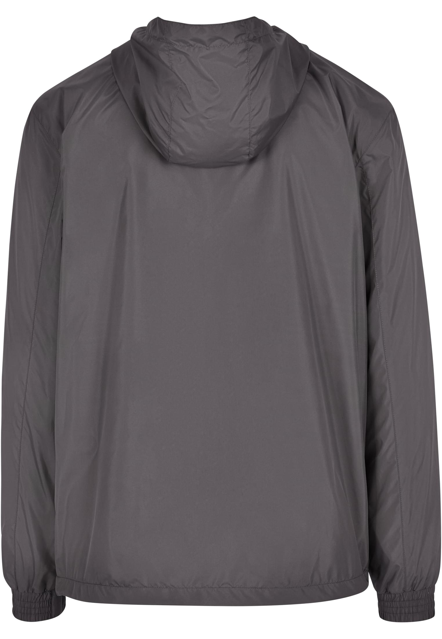 Baksidan av en mörkgrå UC Basic Pull Over Jacket med uppdragen luva.