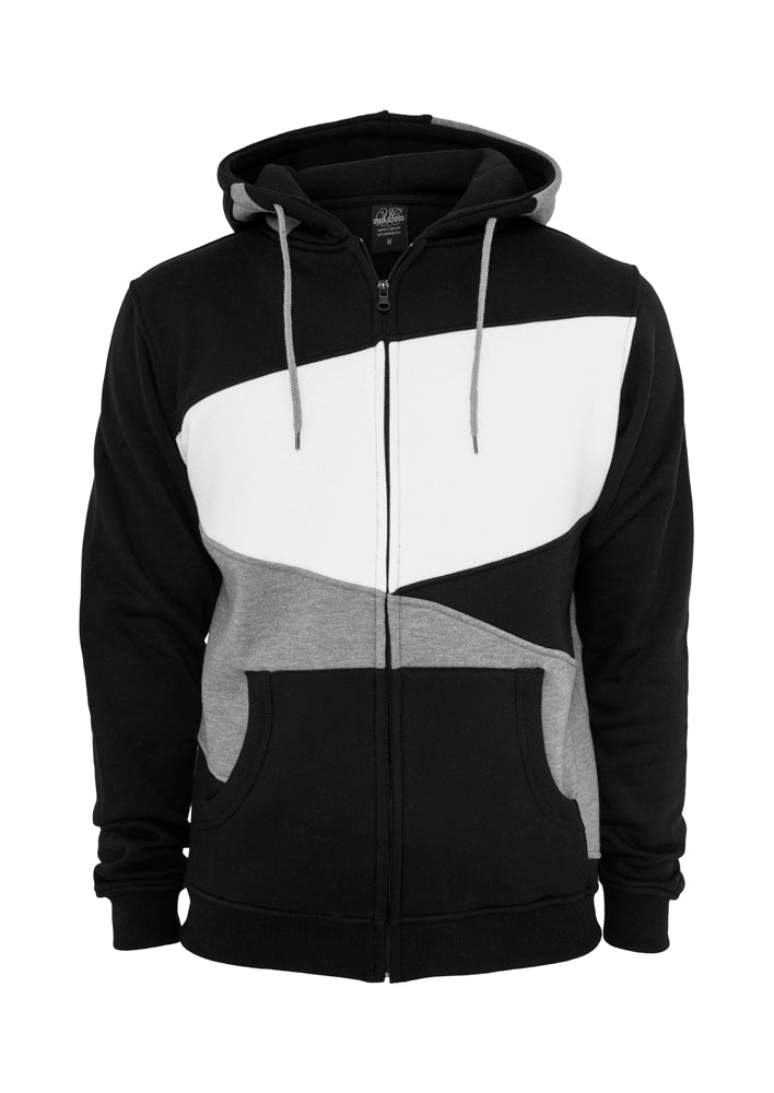 Svart huvtröja med dragkedja och ett färgblockerat sicksackmönster i vitt och grått.