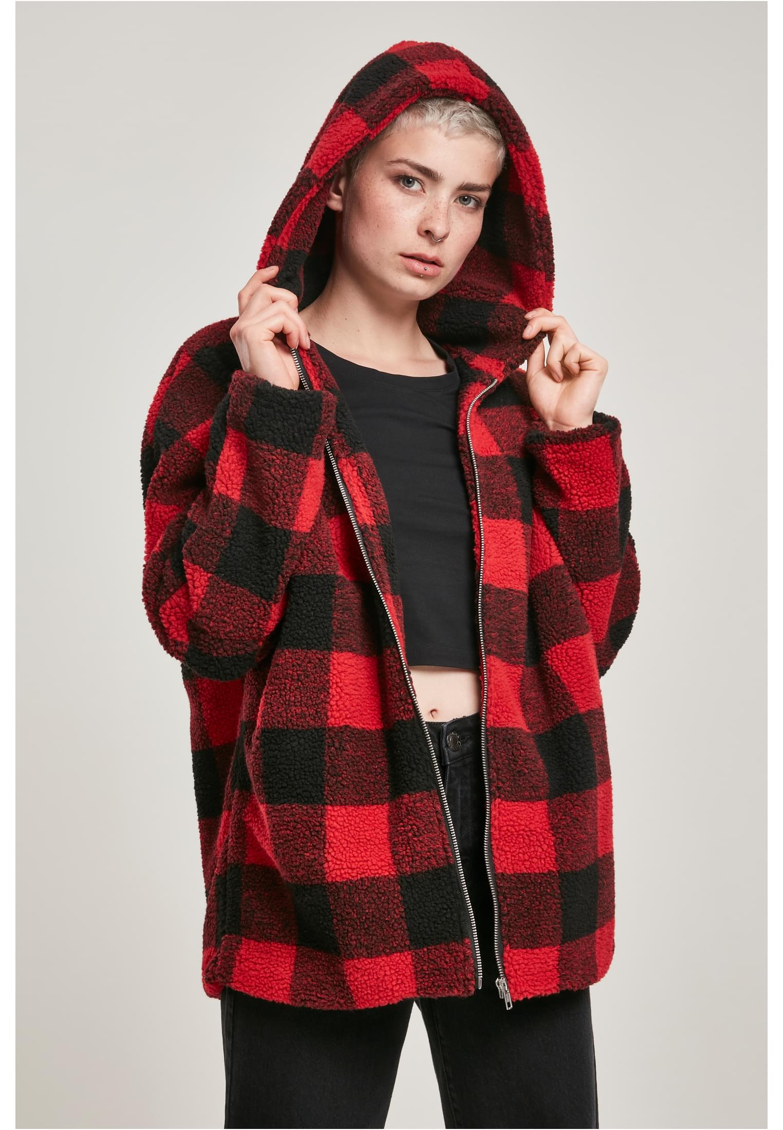 UC Hooded Oversized Check Sherpa Jacket
