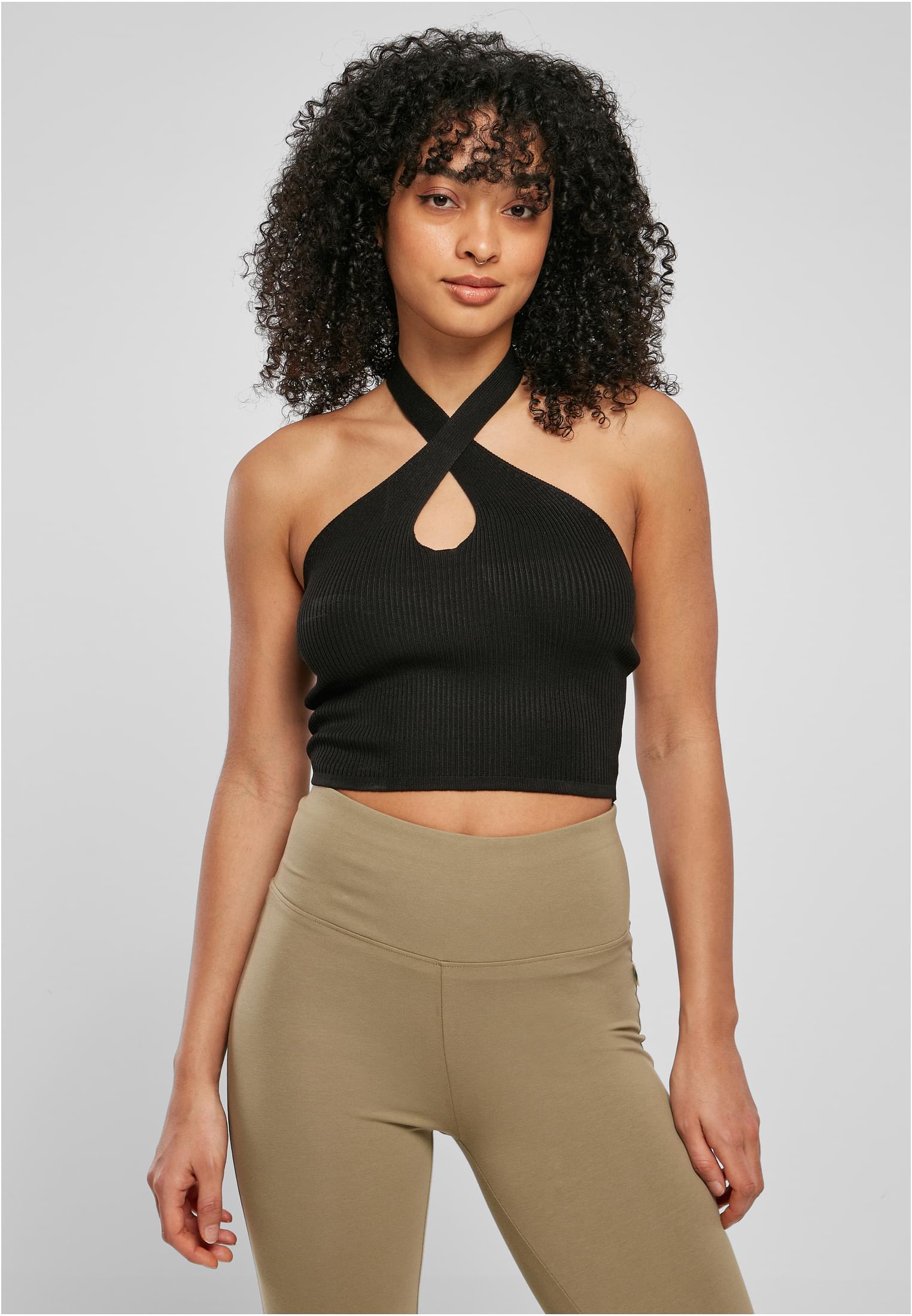 UC Rib Knit Crossed Halter Neck Top