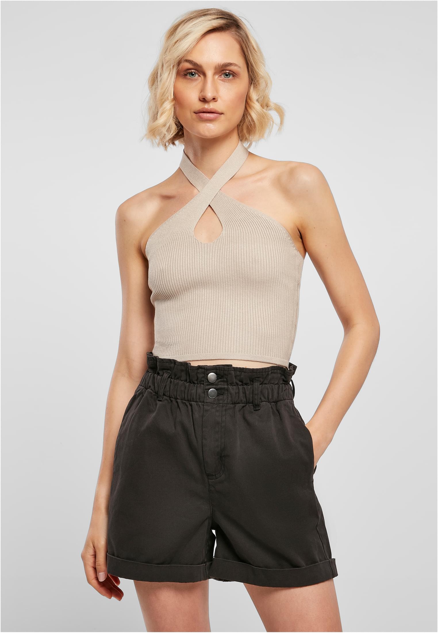 UC Rib Knit Crossed Halter Neck Top