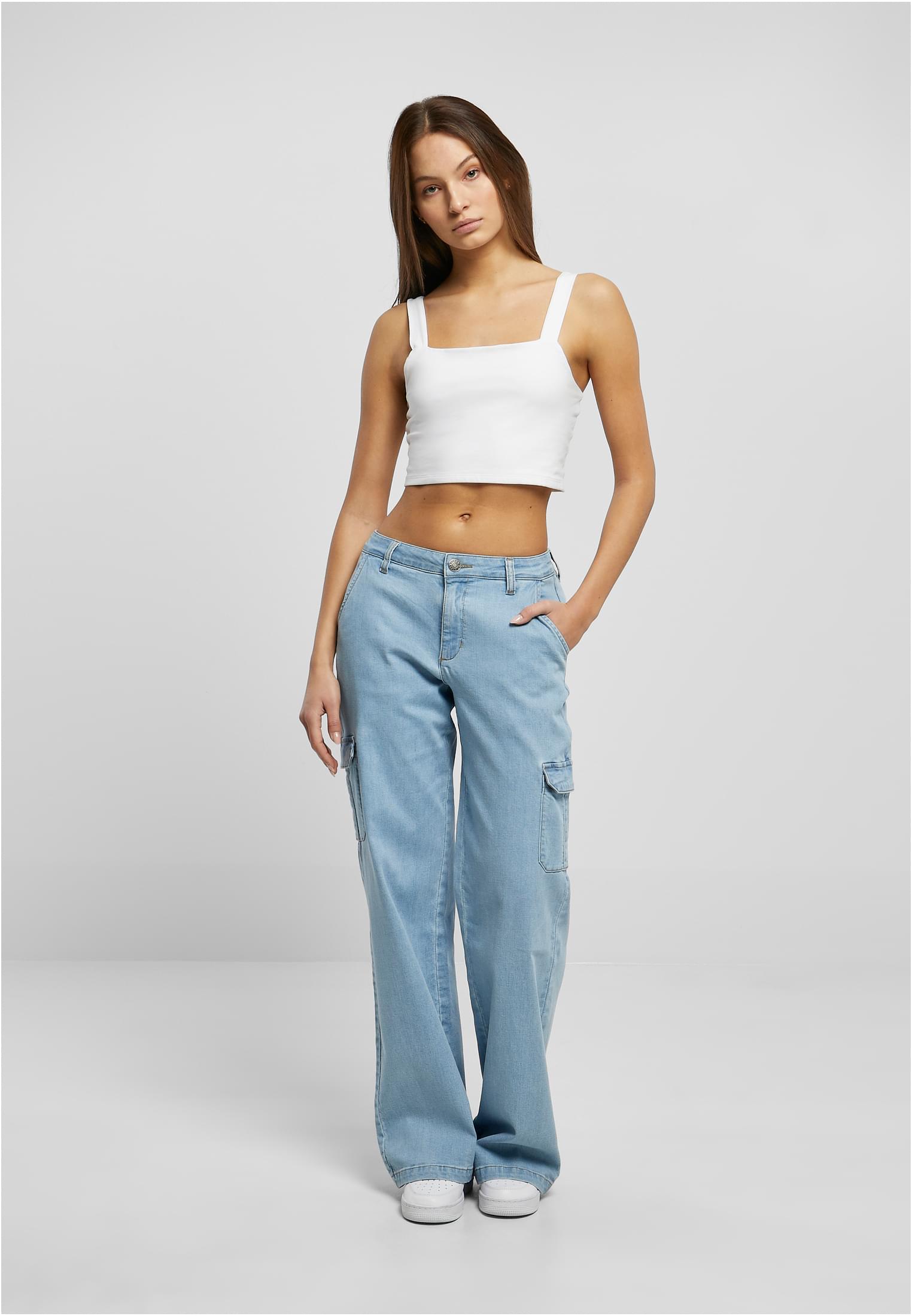 Pantaloni cargo in denim dritti a vita alta da donna, colore bianco sporco grezzo 29