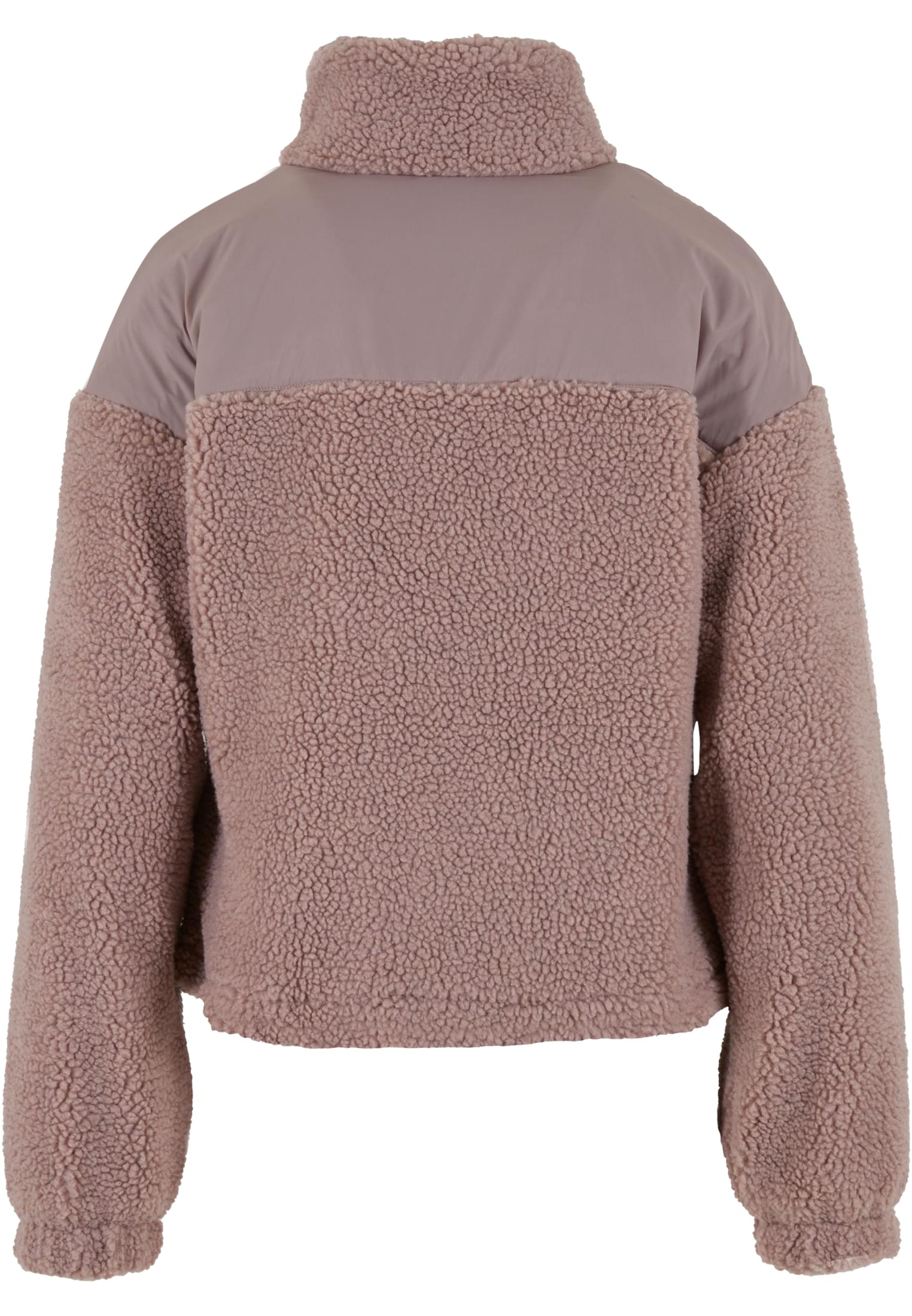 Baksidan av en rosa UC Sherpa Mix Jacket, som visar de släta nylonpanelerna på axlarna och det fluffiga sherpatyget.