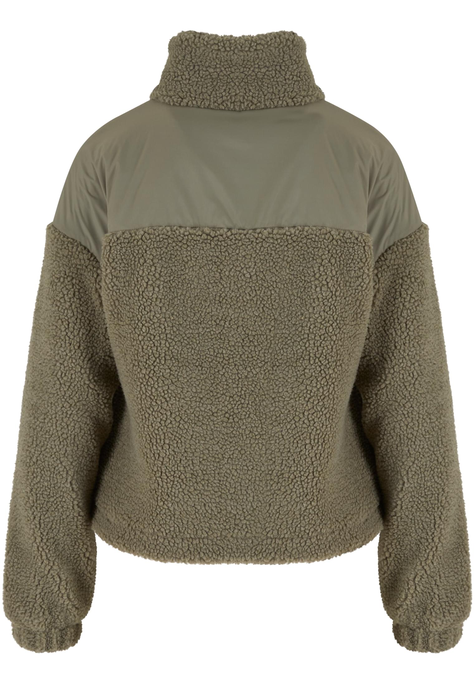 Baksidan av en grön UC Sherpa Mix Jacket, som visar kontrasten mellan det fluffiga sherpa-materialet och de släta nylonpanelerna på axlarna.