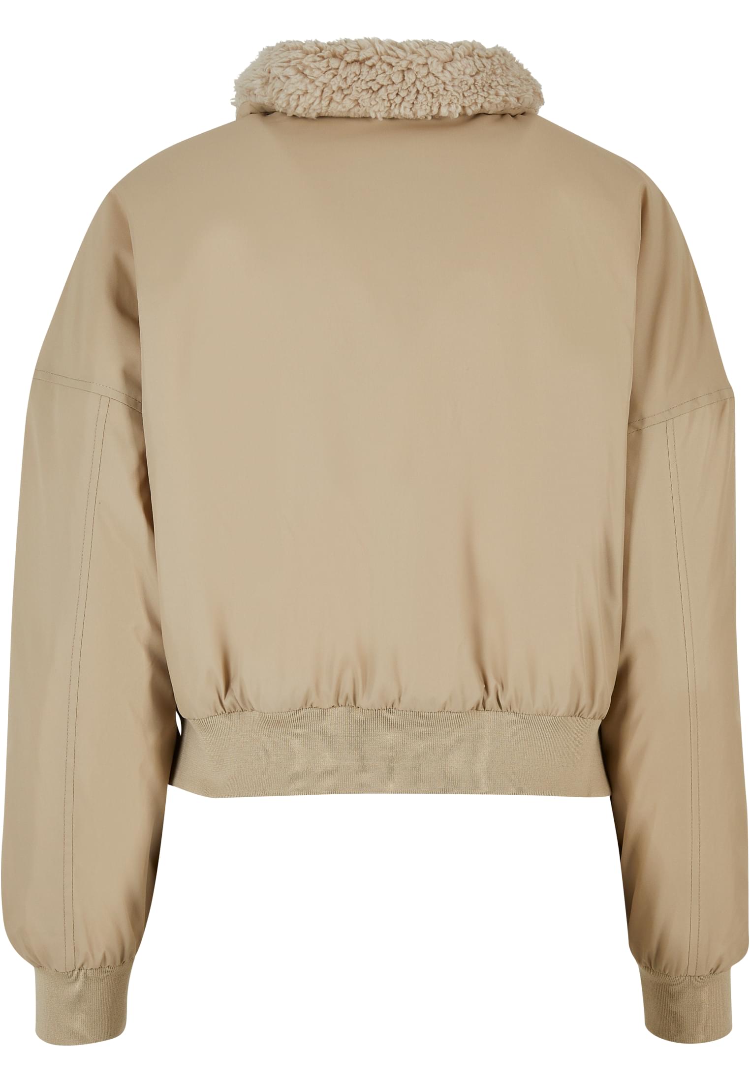 Baksidan av en beige UC Pilot Bomber Jacket för dam med fluffig sherpa-krage.