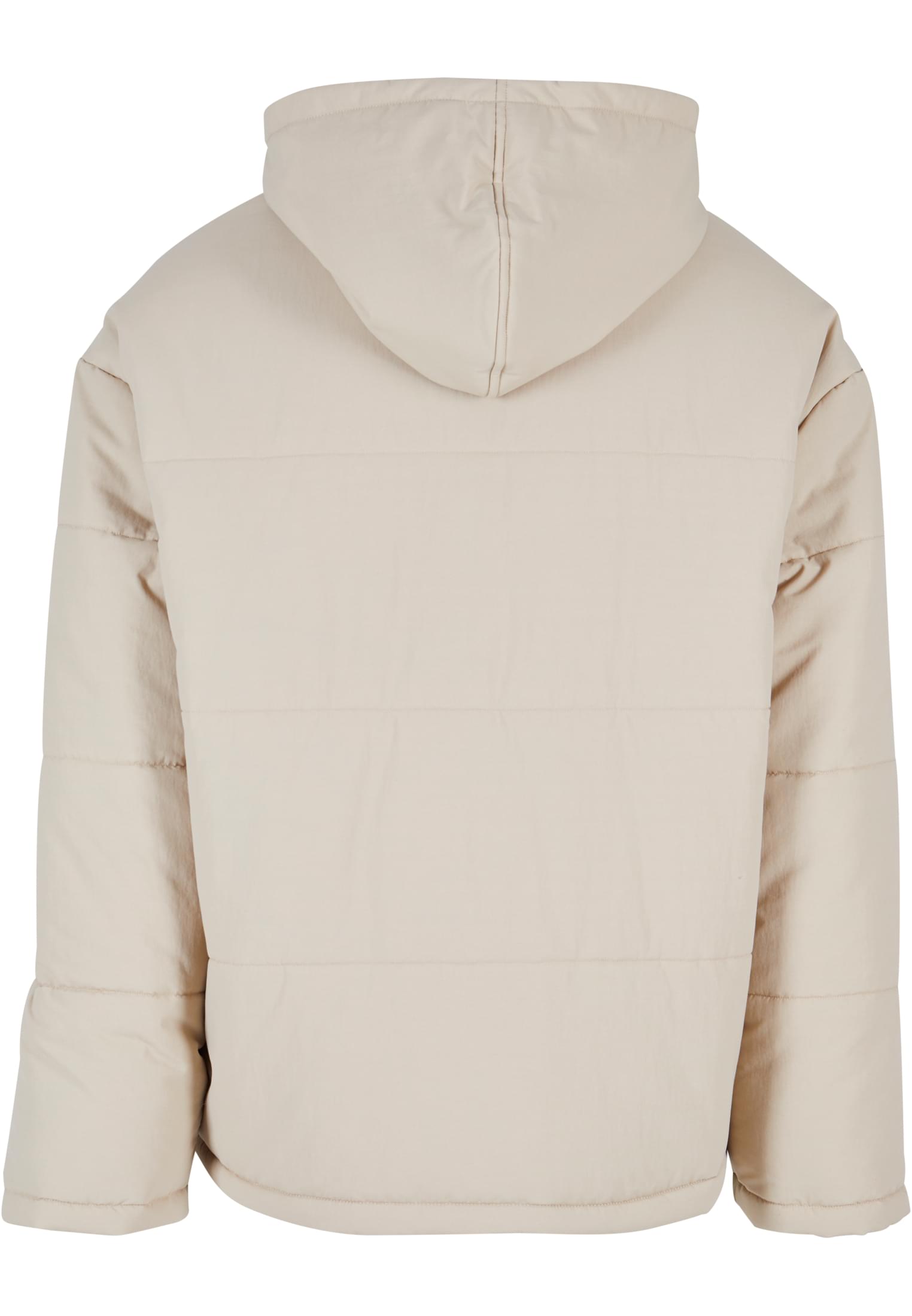 Baksidan av en beige pufferjacka för herr med huva.