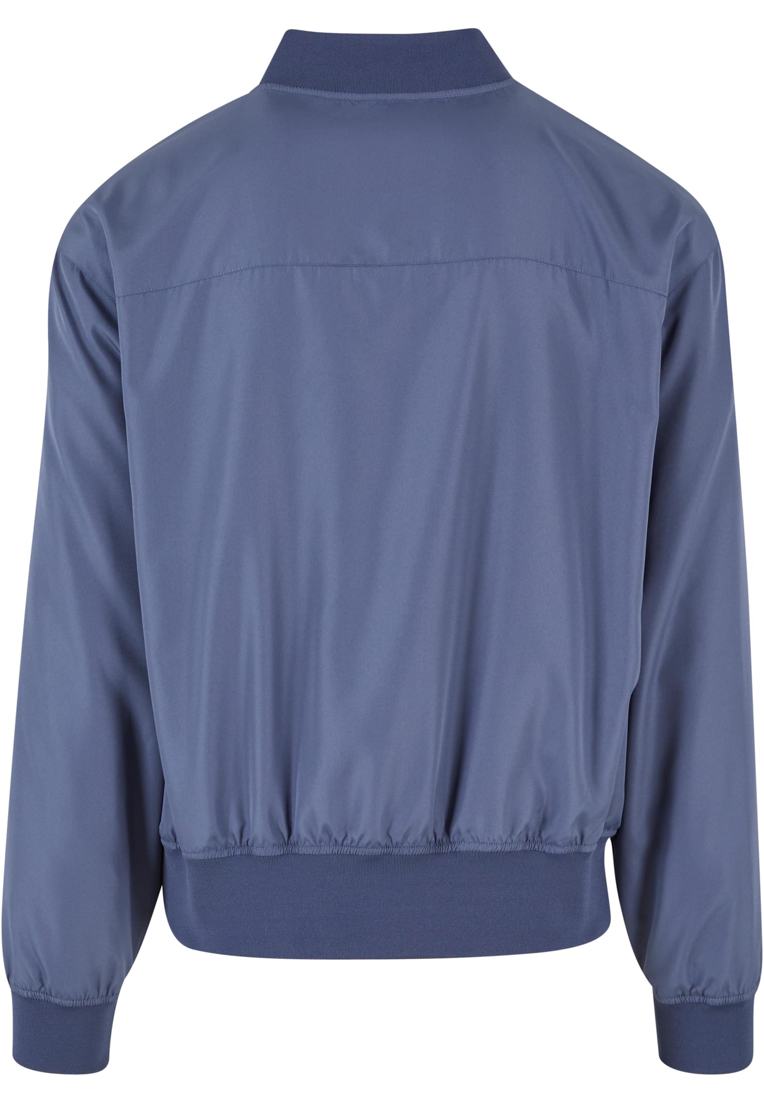 Baksidan av en blå bomberjacka för herr.