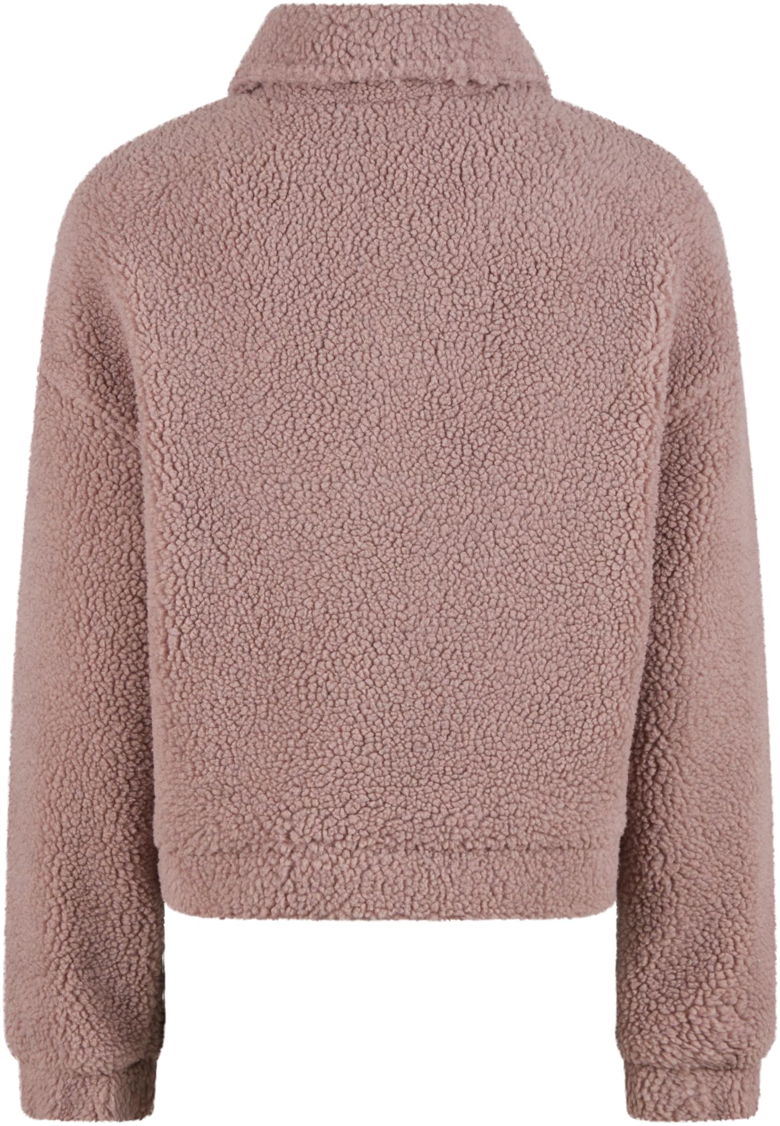 En kort, rosa sherpajacka fotograferad bakifrån.