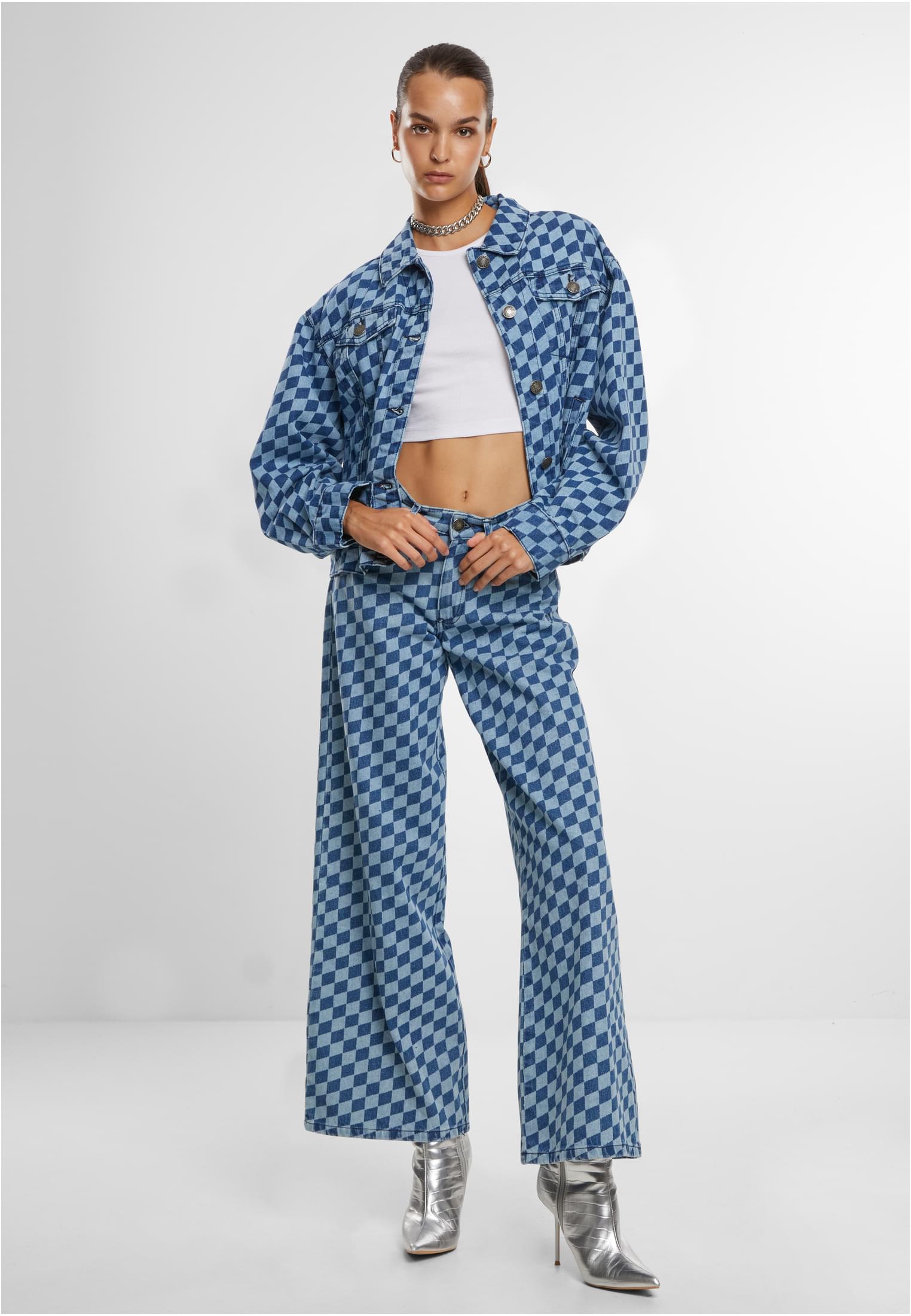 Giacca in denim oversize con stampa laser anni '80 da donna, blu a quadri laser XXL