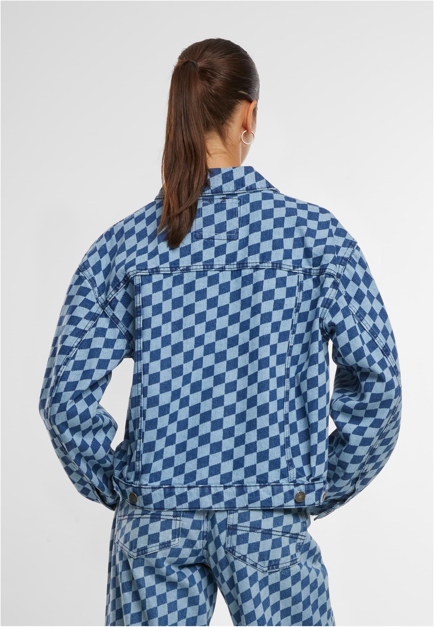 Giacca in denim oversize con stampa laser anni '80 da donna, blu a quadri laser XXL