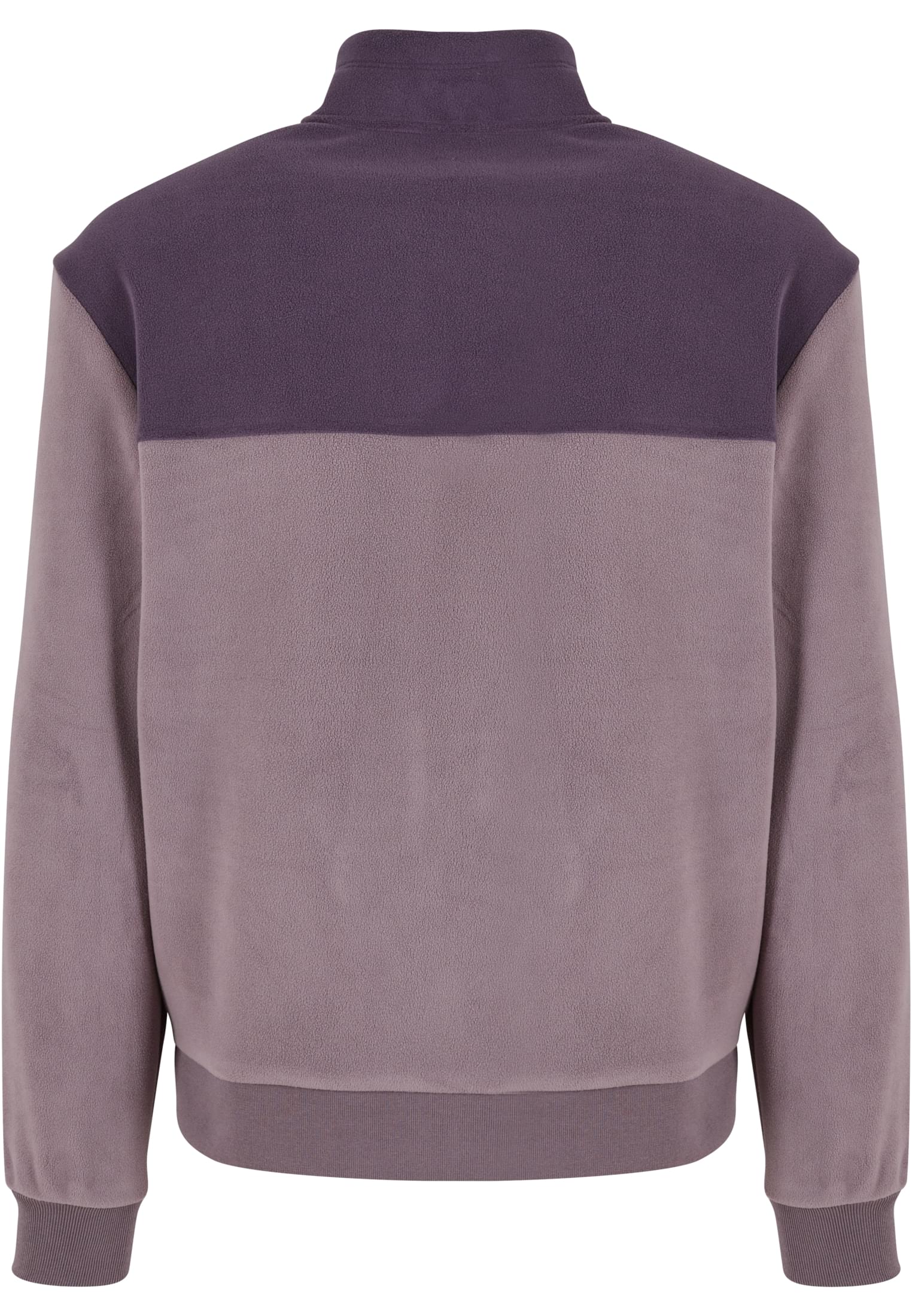 Baksidan av en fleecejacka med färgblock i två lila nyanser.