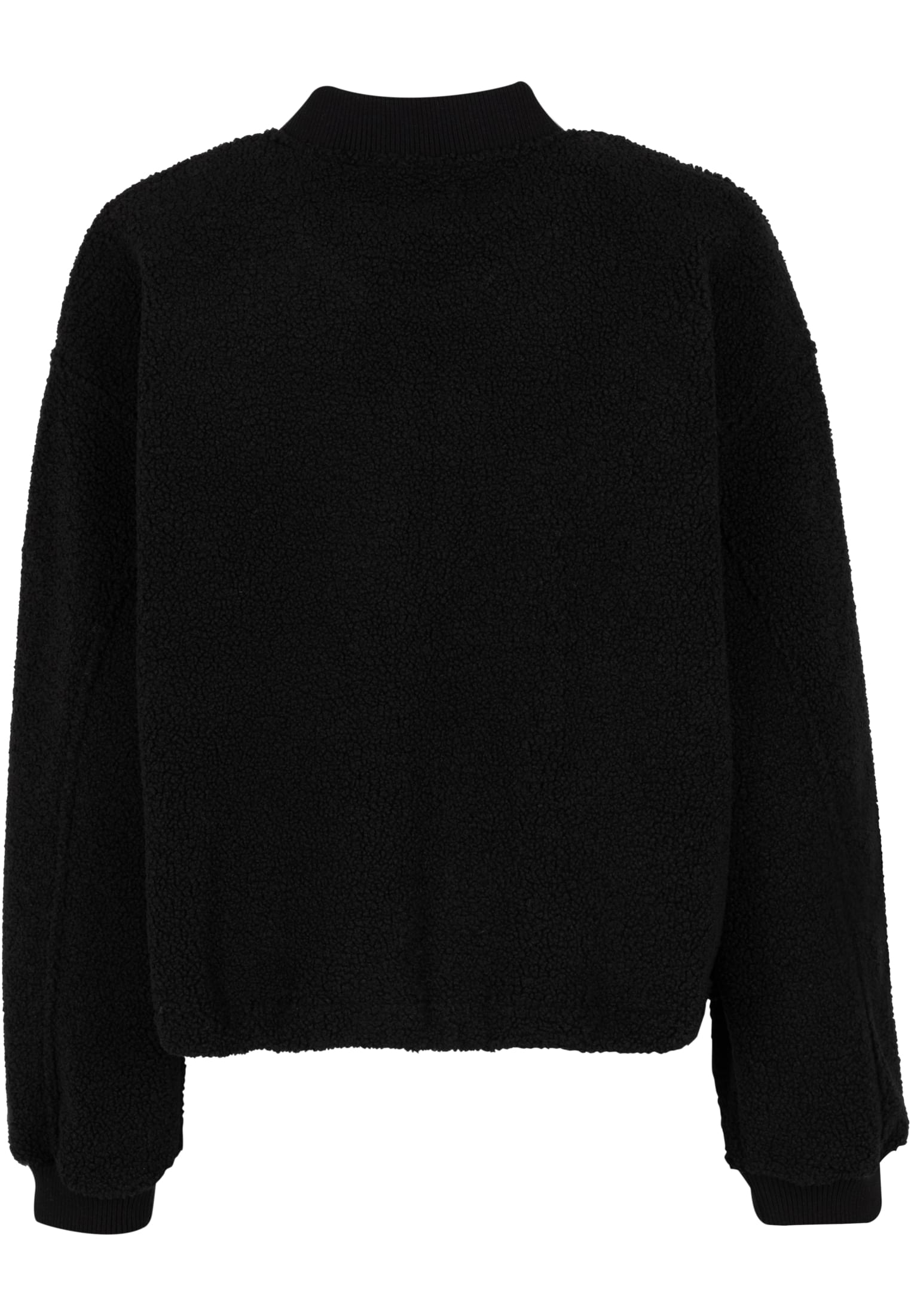 Baksidan av en svart, strukturerad bomberjacka.