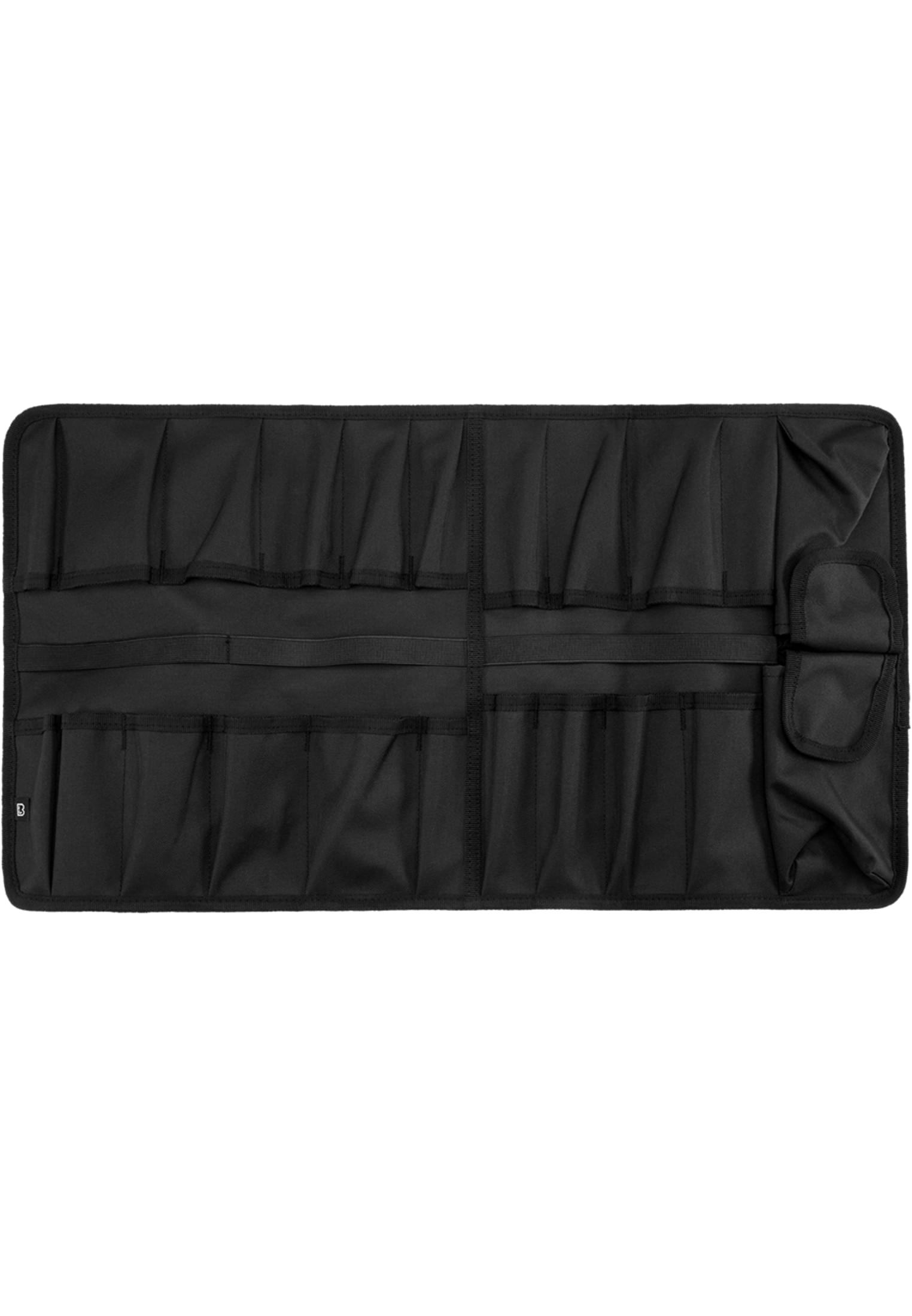 En olivgrön verktygsrulle som är utvikt och visar alla tomma fack.