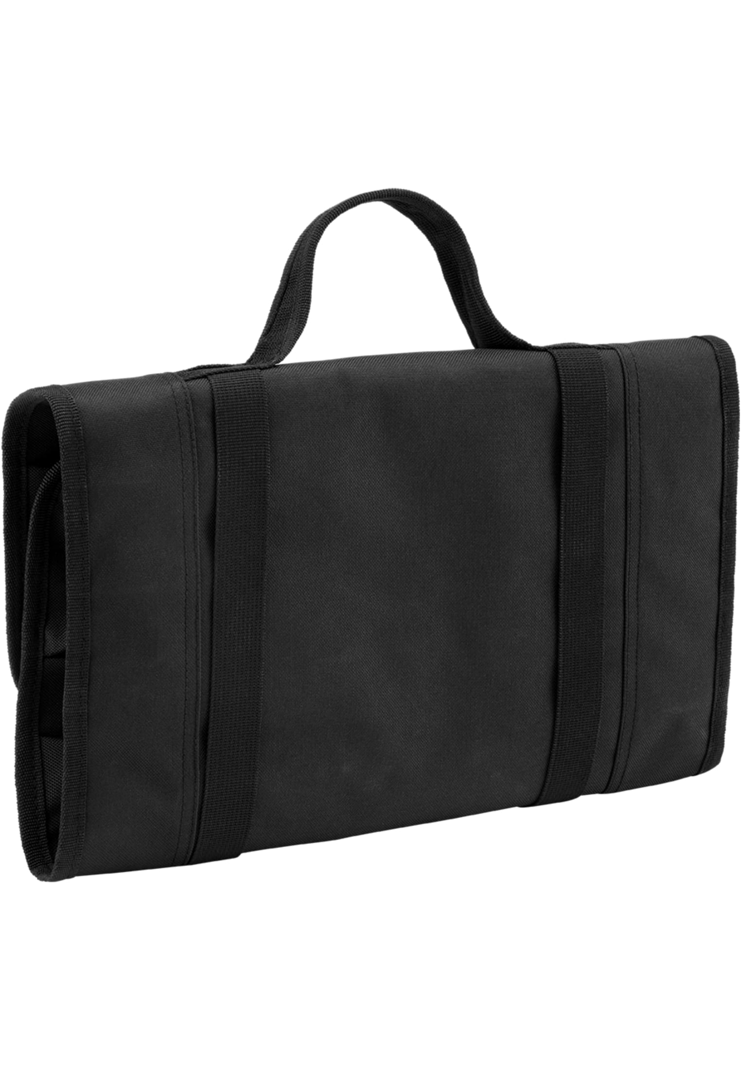 En hoprullad svart verktygsväska med ett bärhandtag.