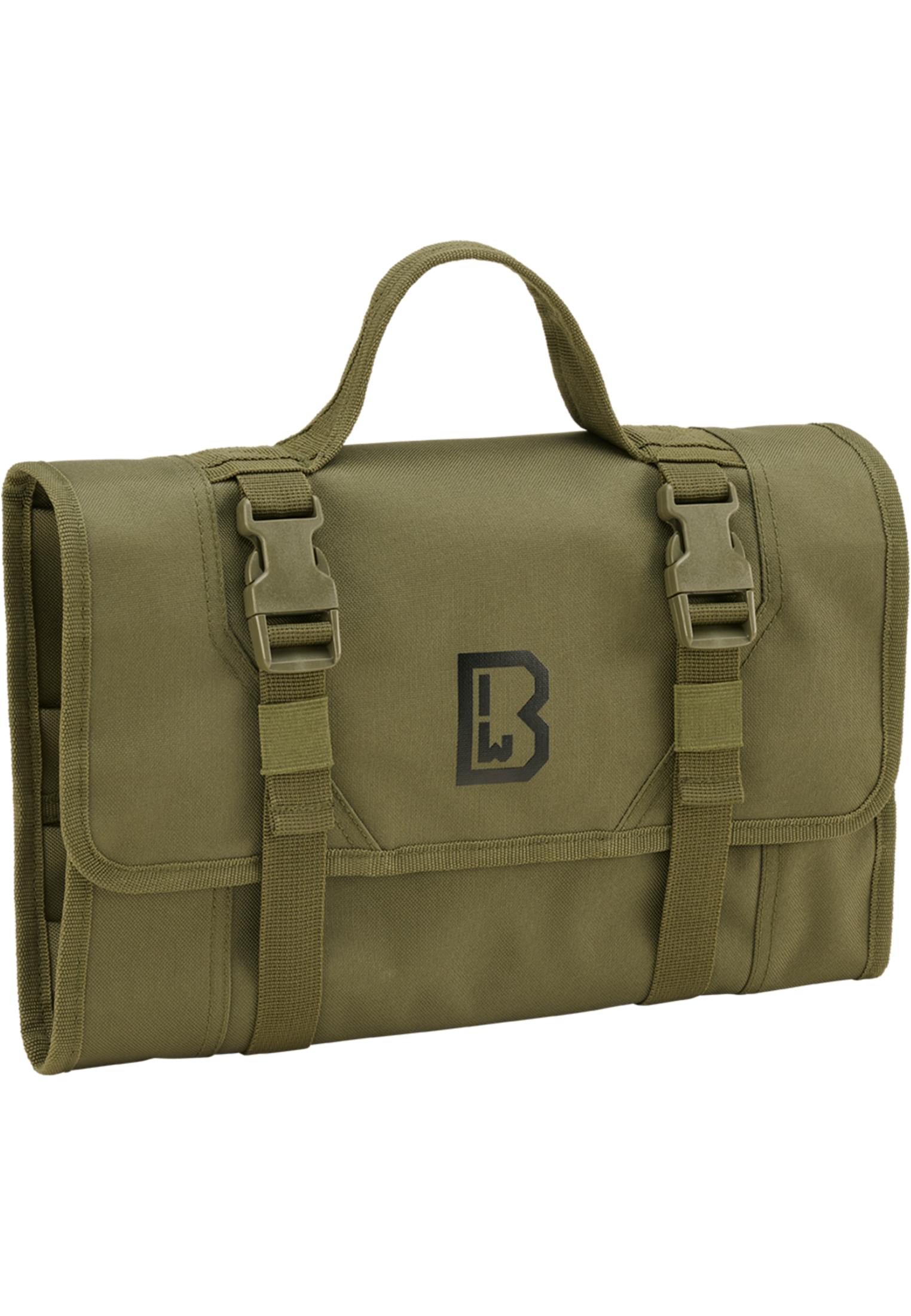 En hoprullad olivgrön verktygsväska från Brandit med bärhandtag och två snabbspännen.