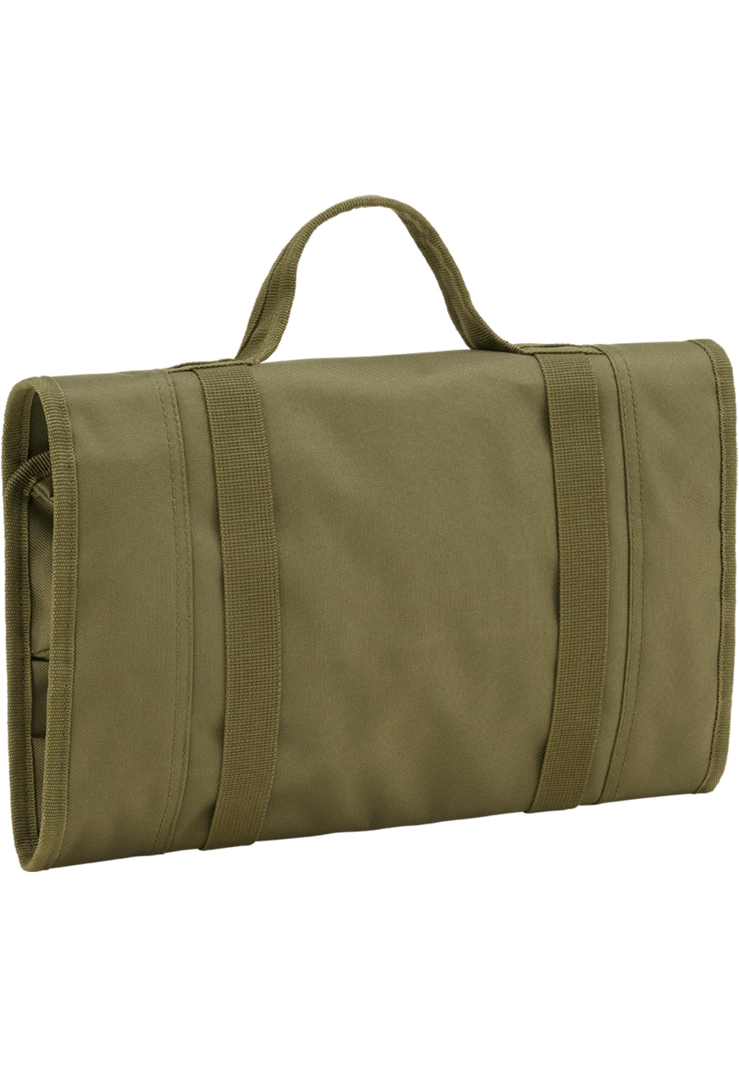 En hoprullad olivgrön verktygsväska med ett bärhandtag.
