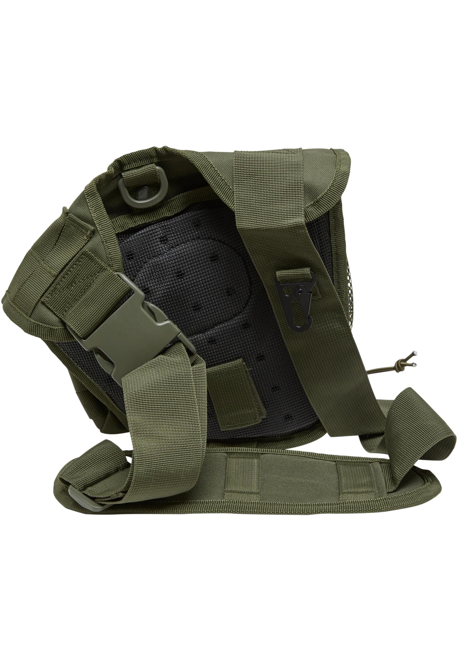 Baksidan av en olivgrön B Travel Side Bag, som visar dess svarta vadderade ryggpanel, justerbara remmar och spänne.