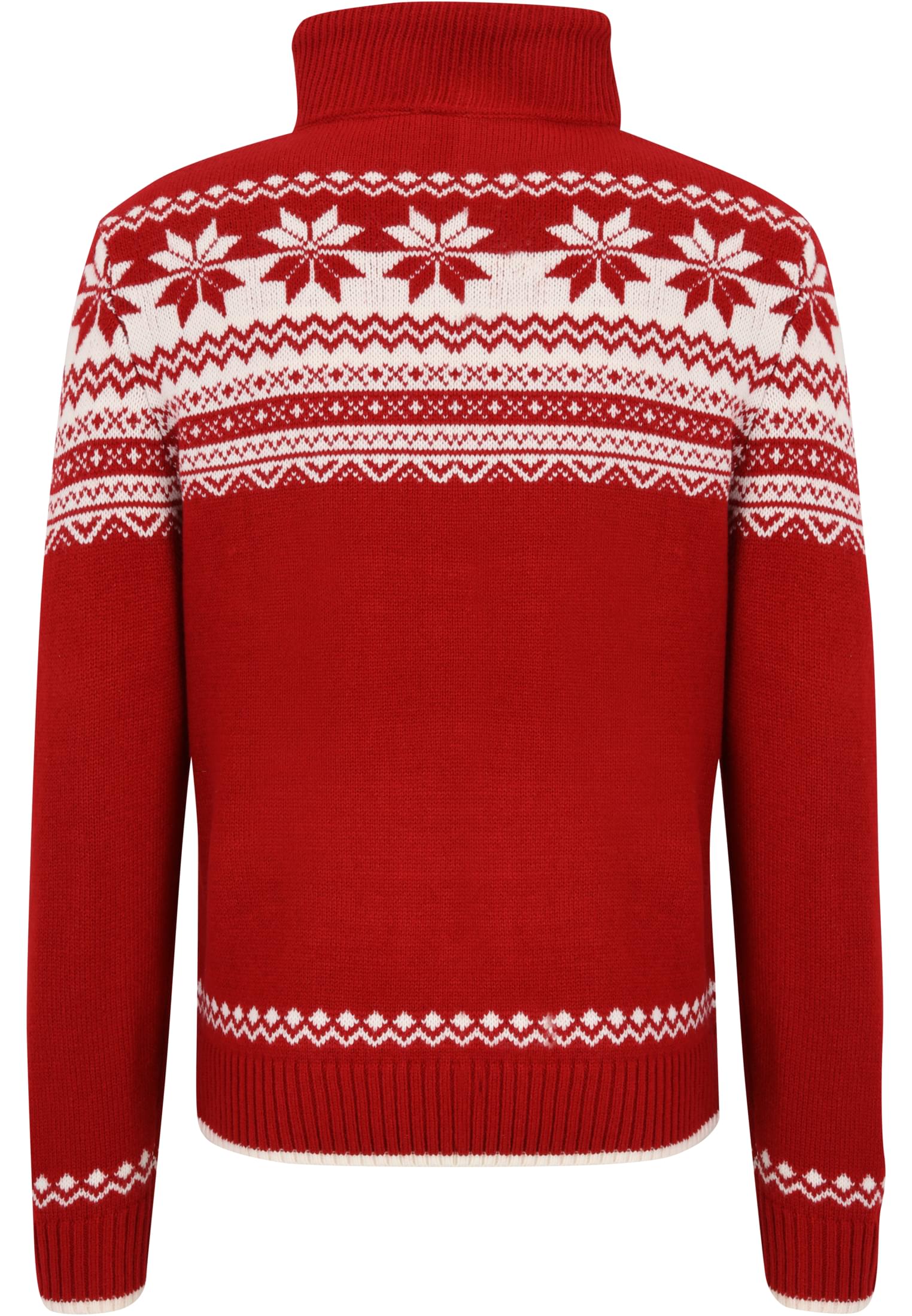 Baksidan av en röd stickad tröja med ett vitt norskt mönster och hög krage.