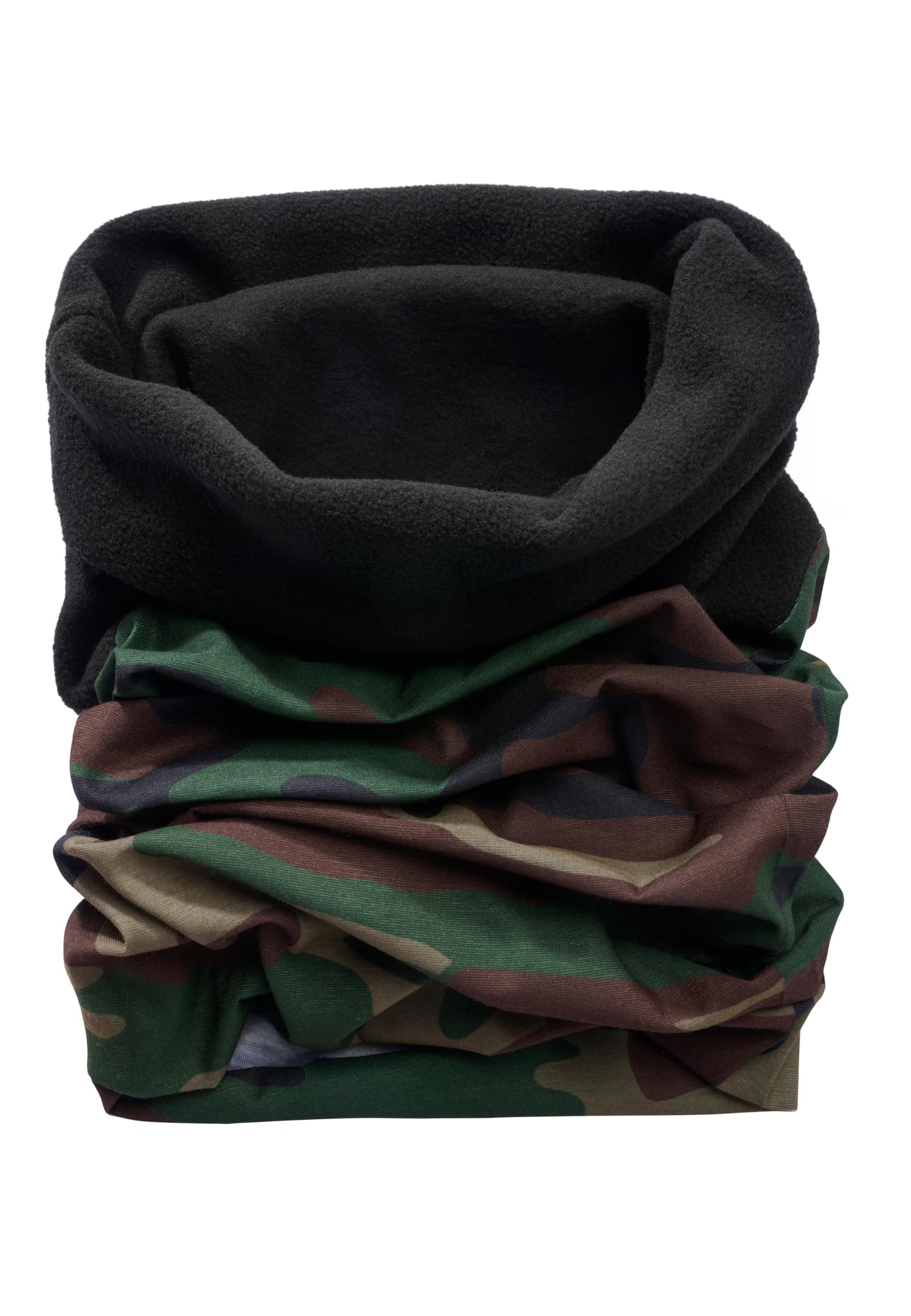 En multifunktionell tubhalsduk med kamouflagemönster på ena halvan och svart fleece på den andra.