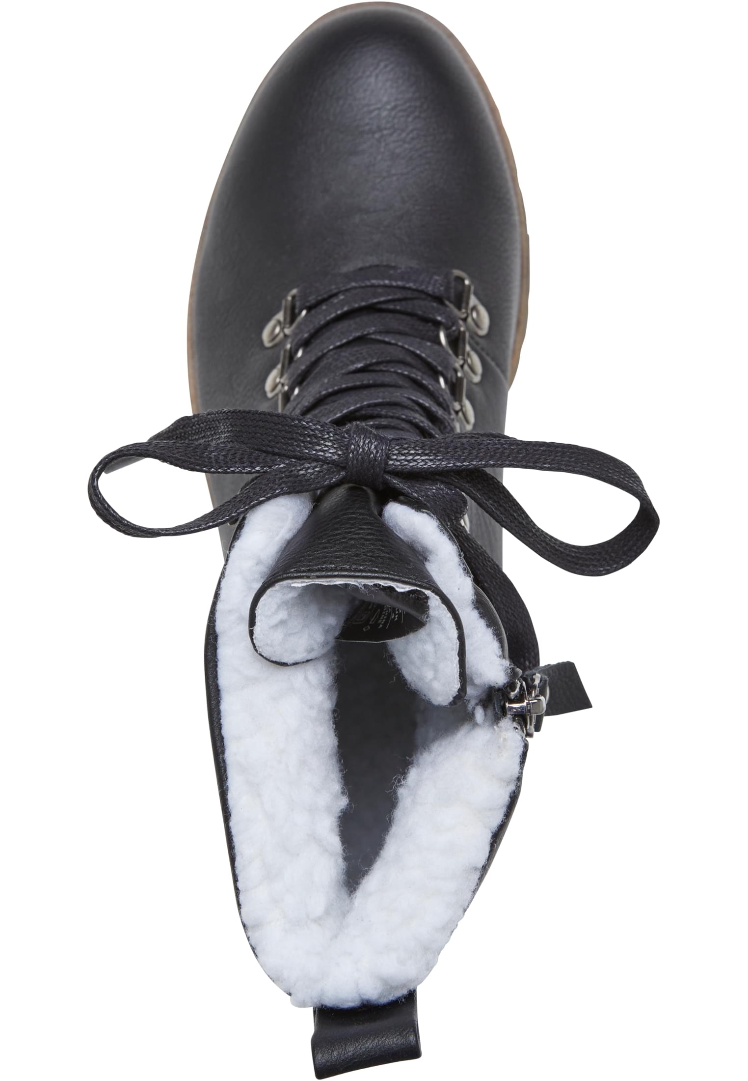 Svart vinterkänga för damer med vitt, fluffigt foder, sedd ovanifrån.