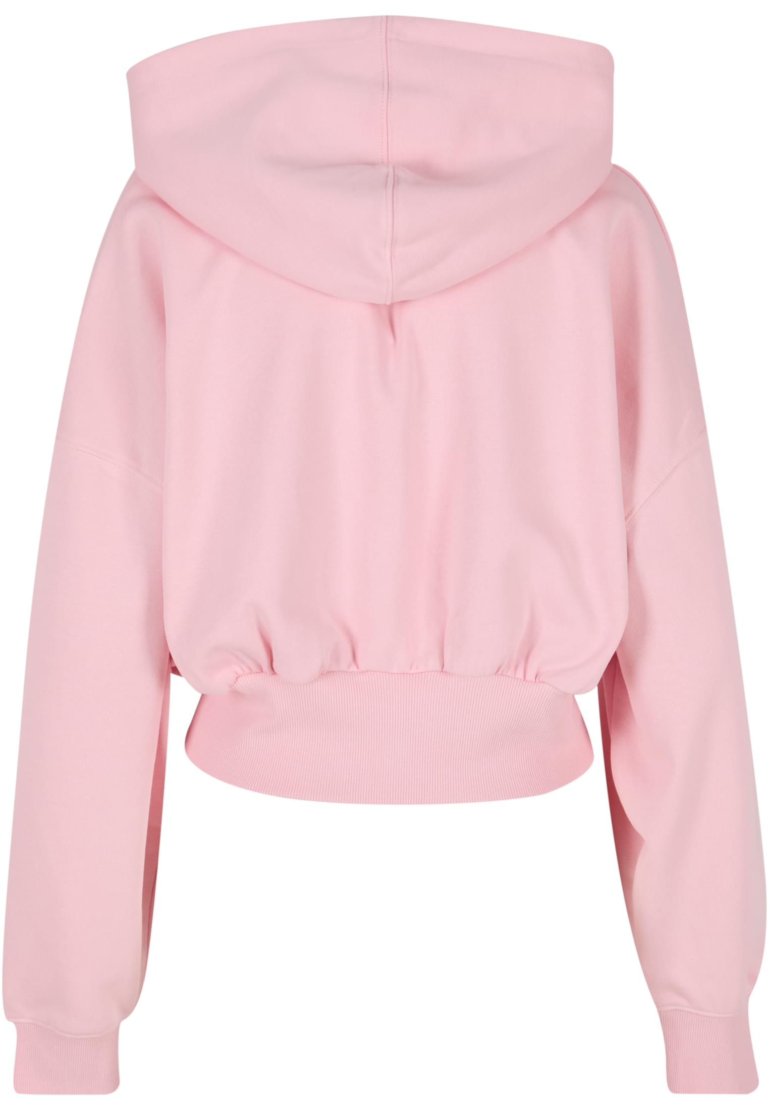 Baksidan av en ljusrosa, kort huvtröja med elastisk midja och huva.