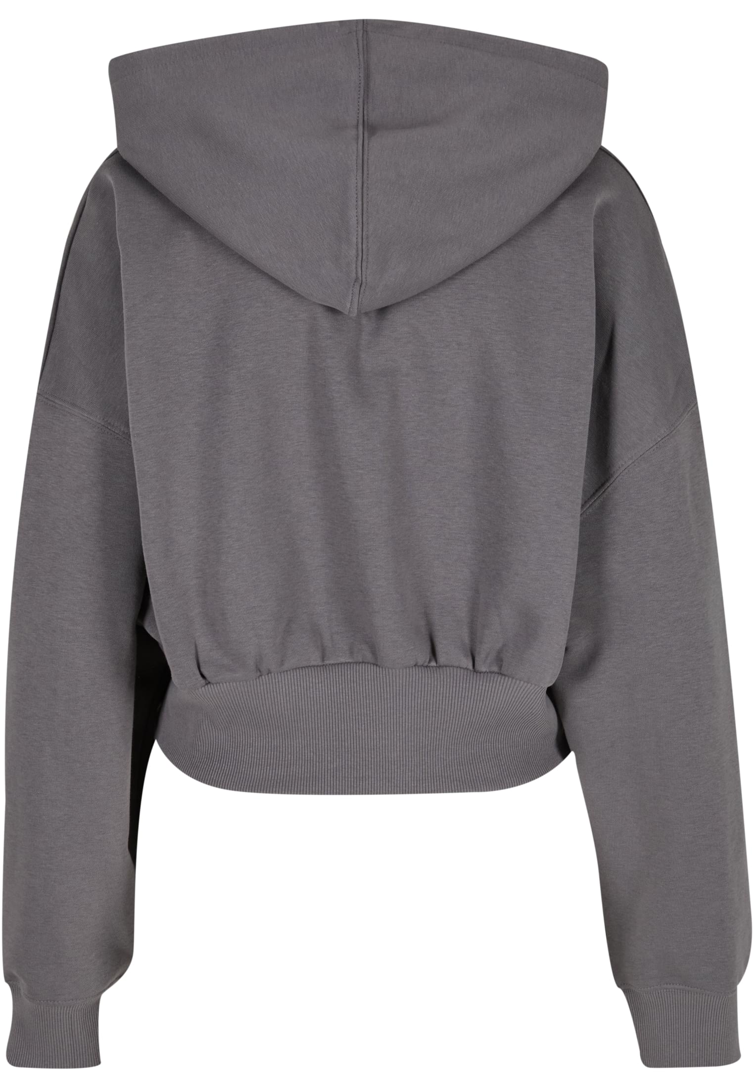 En grå, croppad luvtröja sedd bakifrån.