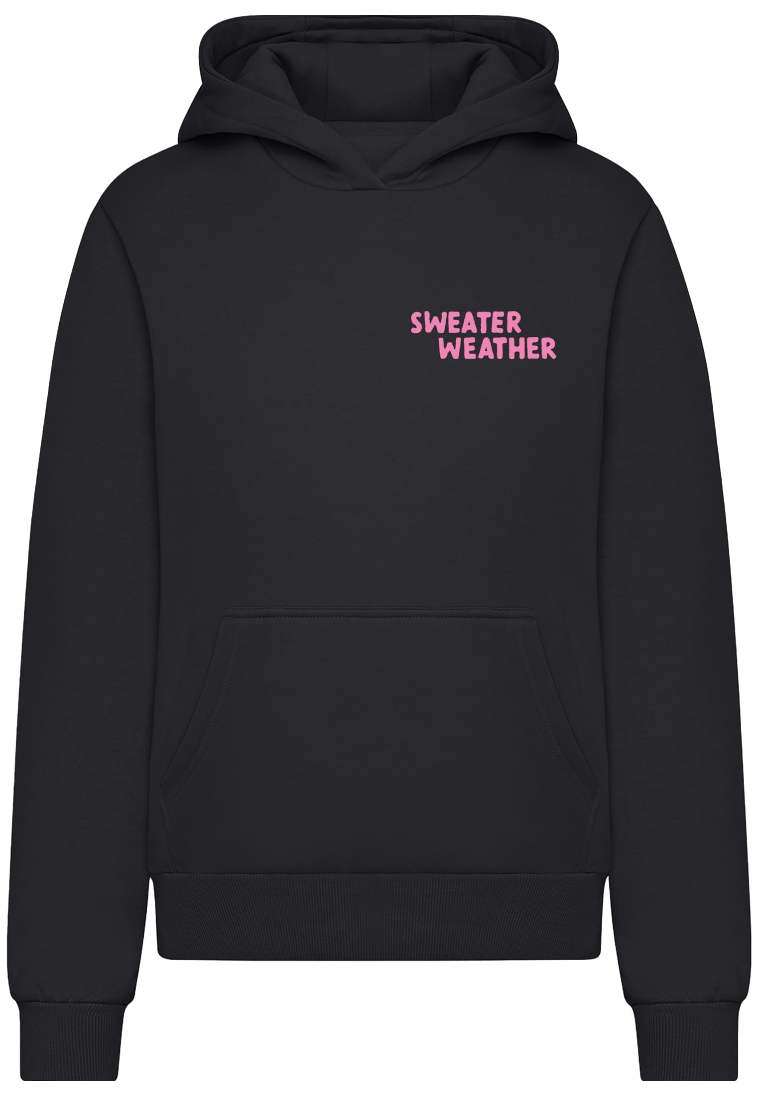 Framsidan av en svart, fluffig luvtröja för damer med texten 'Sweater Weather' i rosa på bröstet.