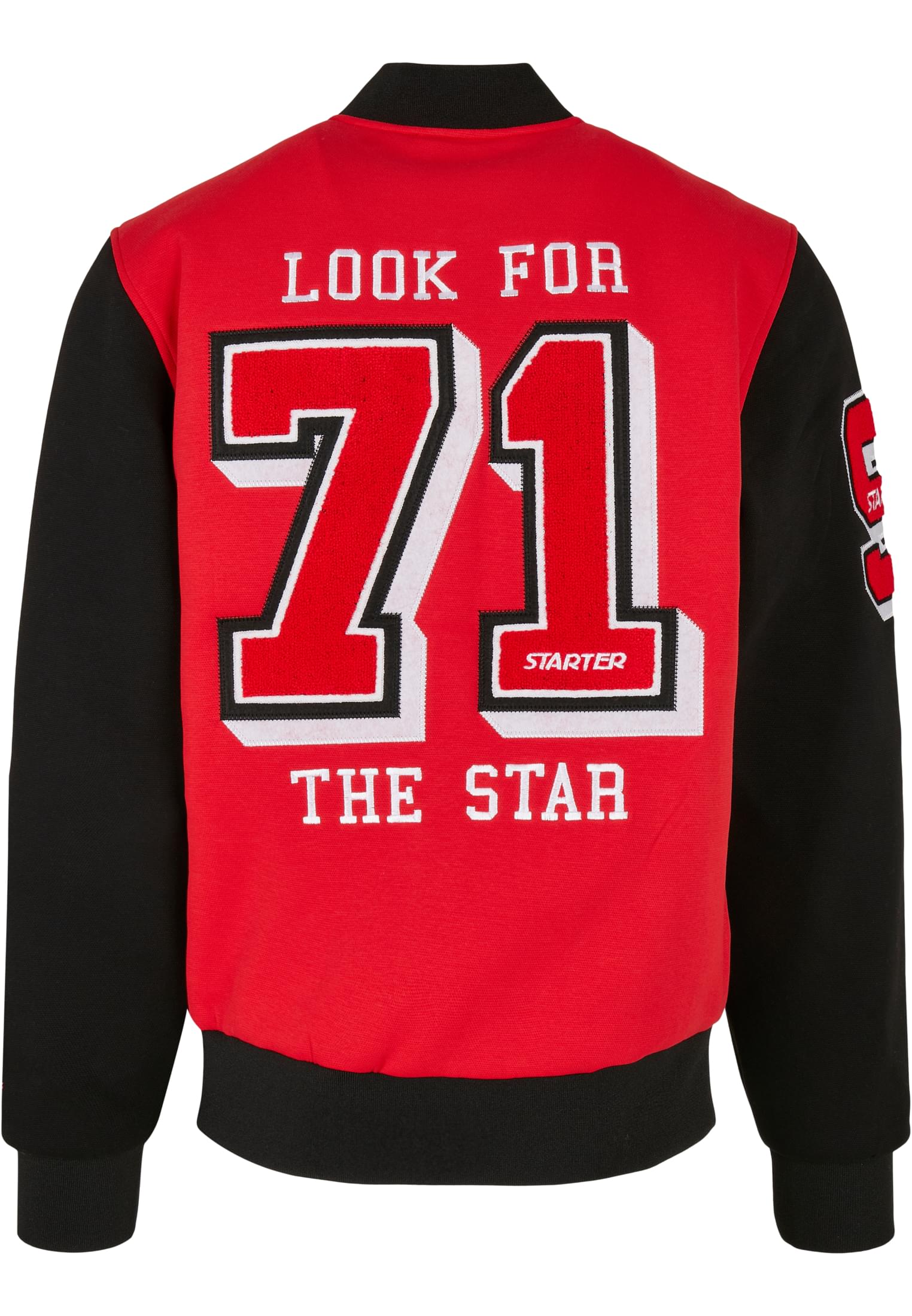 Baksidan av en röd och svart collegejacka med siffran 71 och texten 'Look for the star' på ryggen.