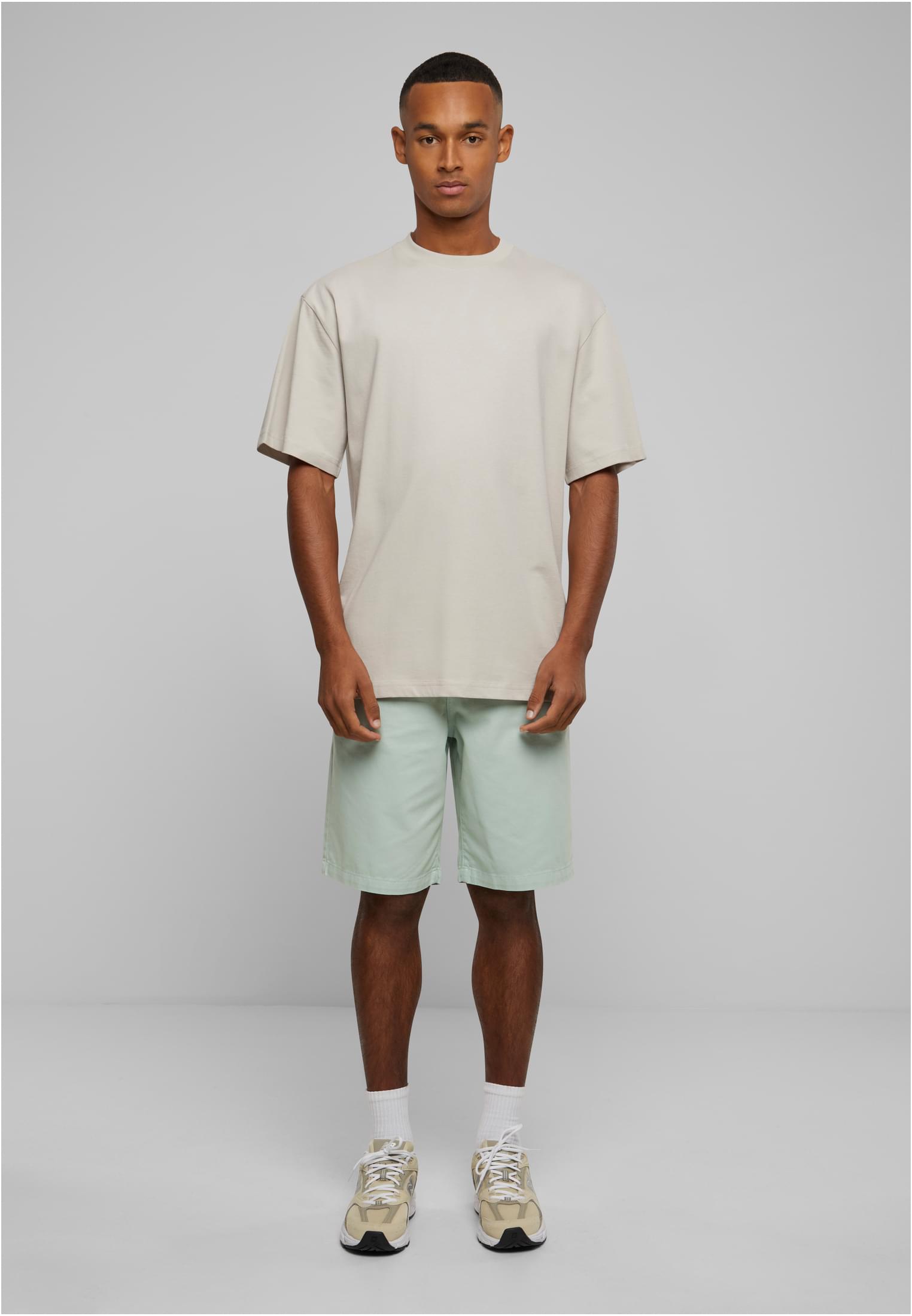 En man poserar i en ljus Tall Tee med lång passform, stylad med mintgröna shorts och sneakers mot en grå bakgrund.