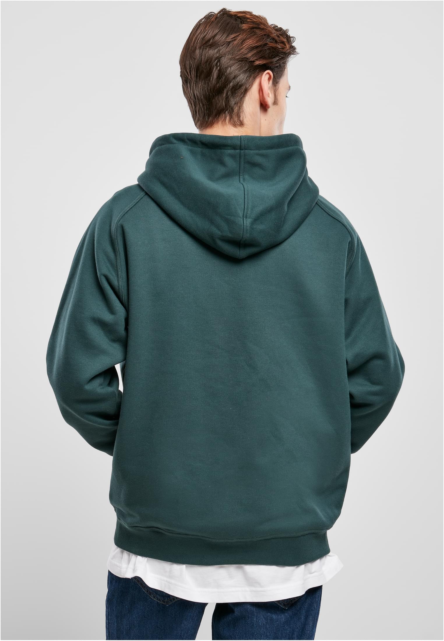 Baksidan på en ljusgrön UC Blank Hoody på en manlig modell.