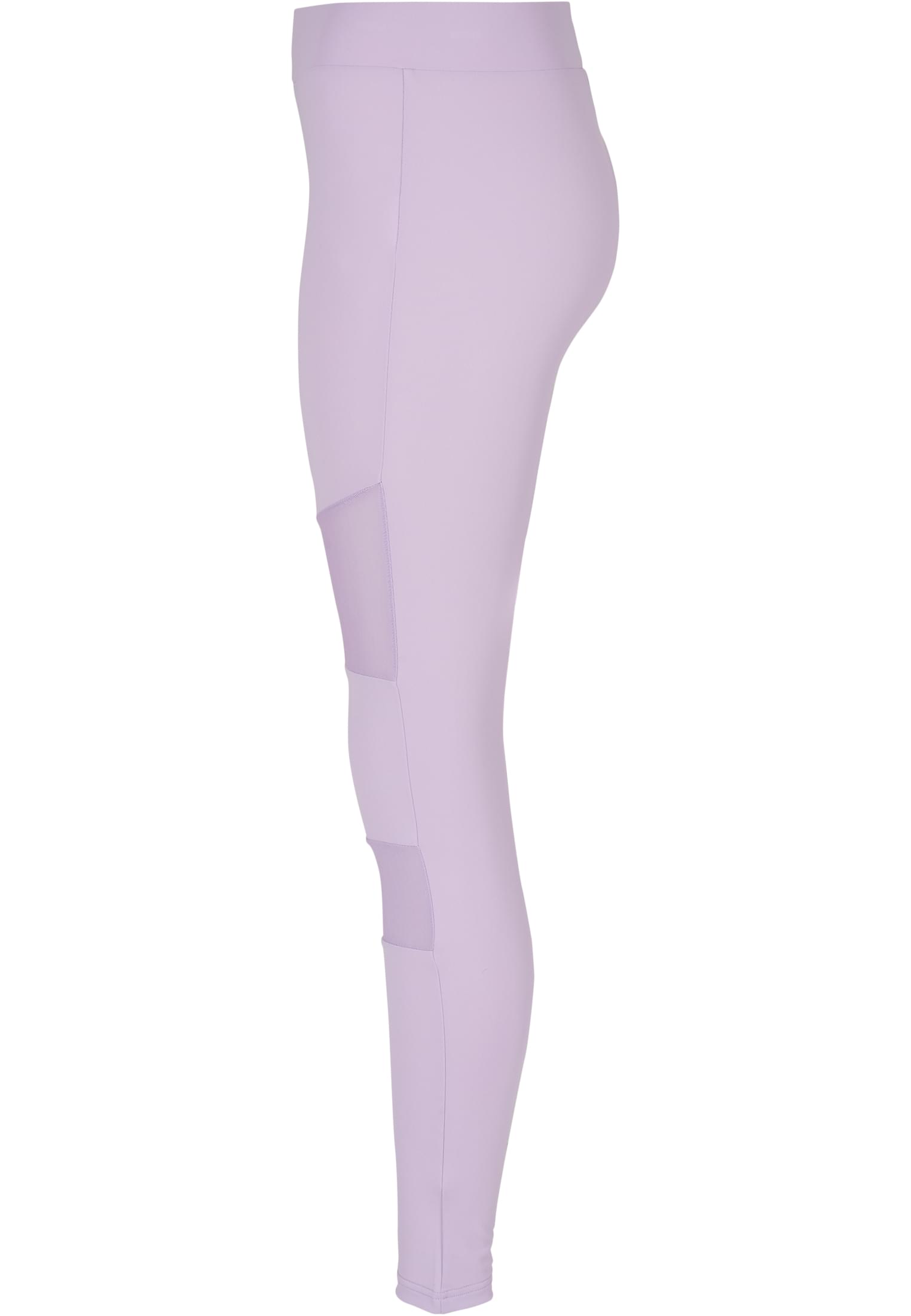 Sidovy av ett par ljuslila leggings för damer med mesh-paneler på sidan.