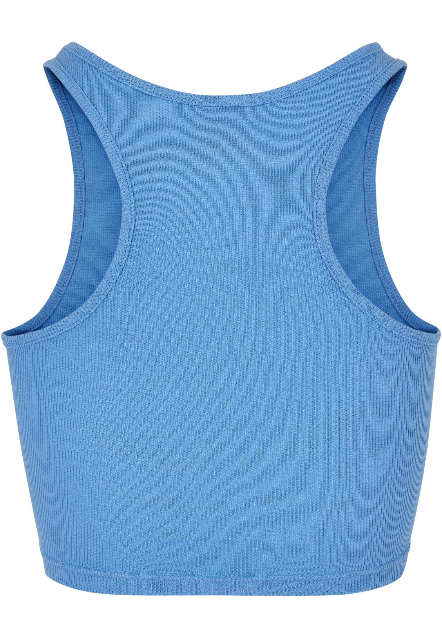 Baksidan av ett ljusblått, ribbstickat och croppat linne för damer med brottarrygg.
