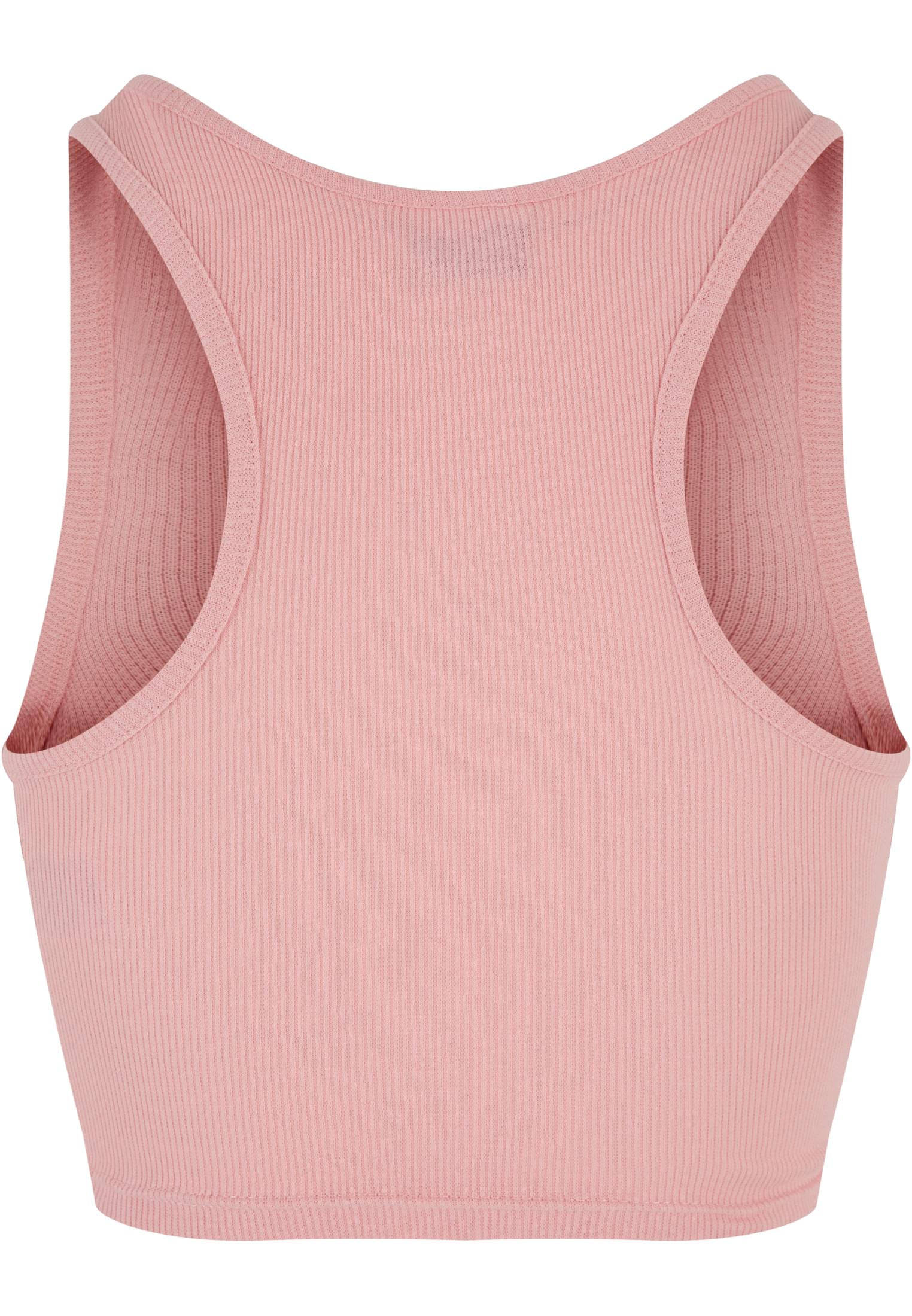 Baksidan av ett ljusrosa, ribbstickat kort linne med brottarrygg.