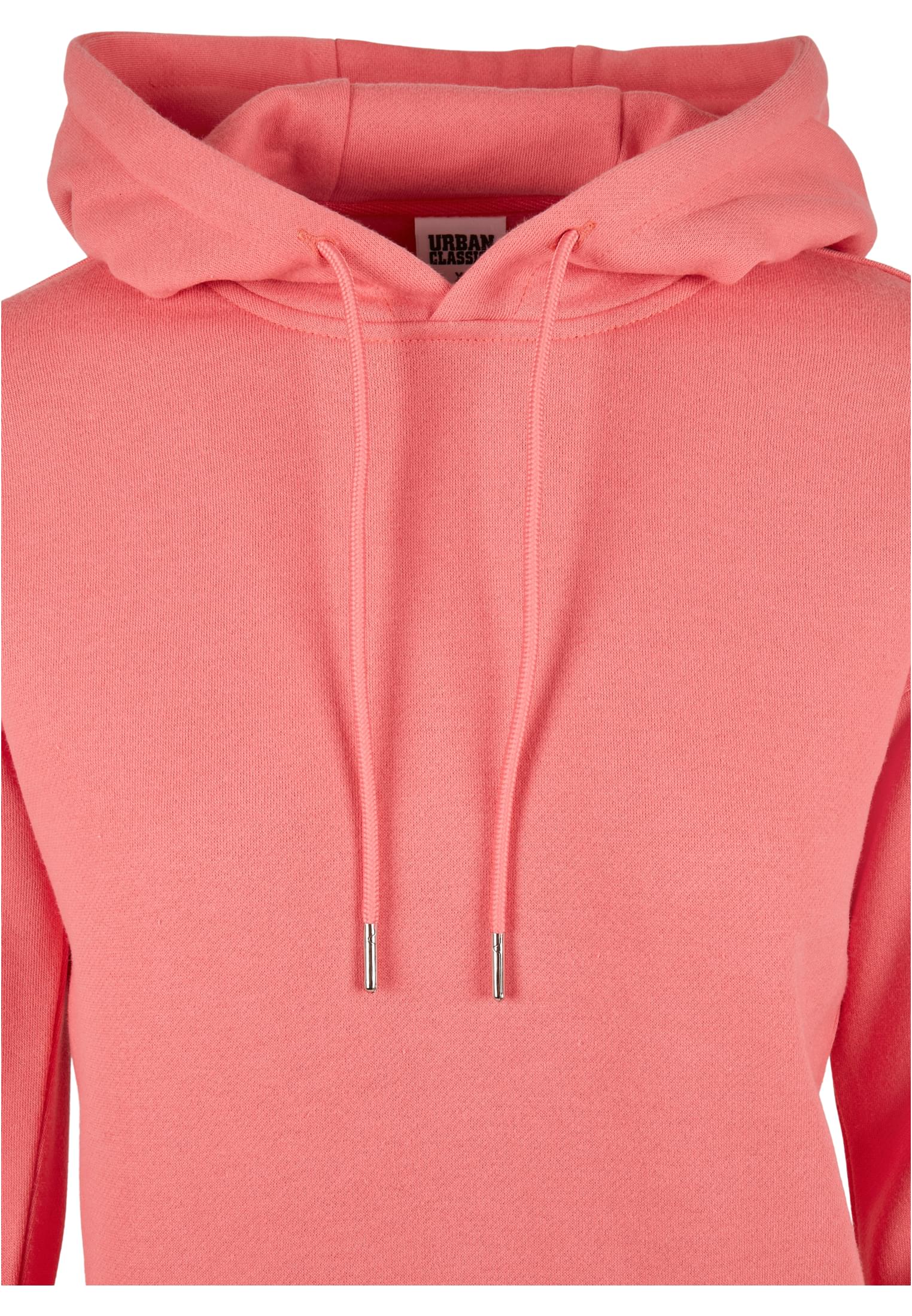 Närbild på huvan och bröstet på en rosa Urban Classics Ladies Hoody.