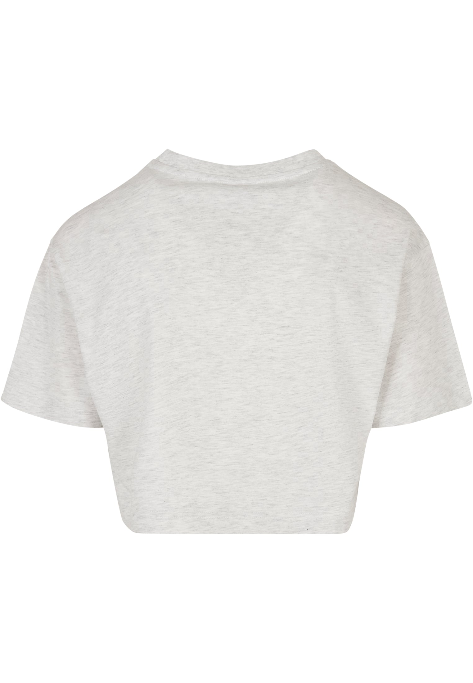 Baksidan av en ljusgrå melerad kort oversized t-shirt för dam.