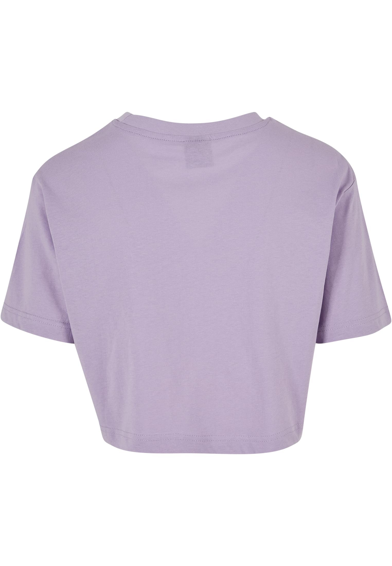 Baksidan av en ljuslila, kort och oversized t-shirt för damer.