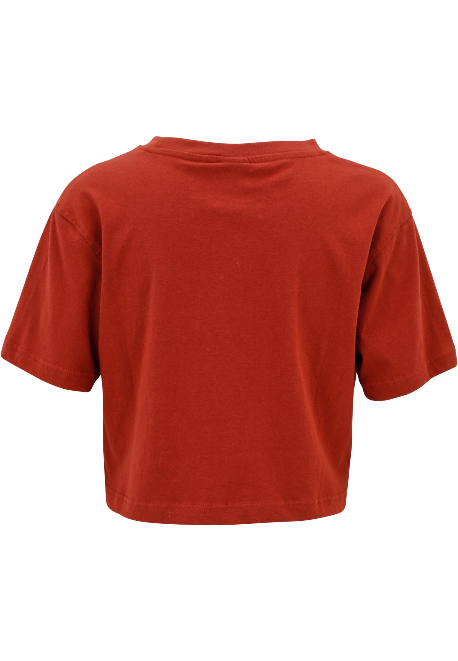 Baksidan av en terrakottafärgad kort oversized t-shirt för damer.