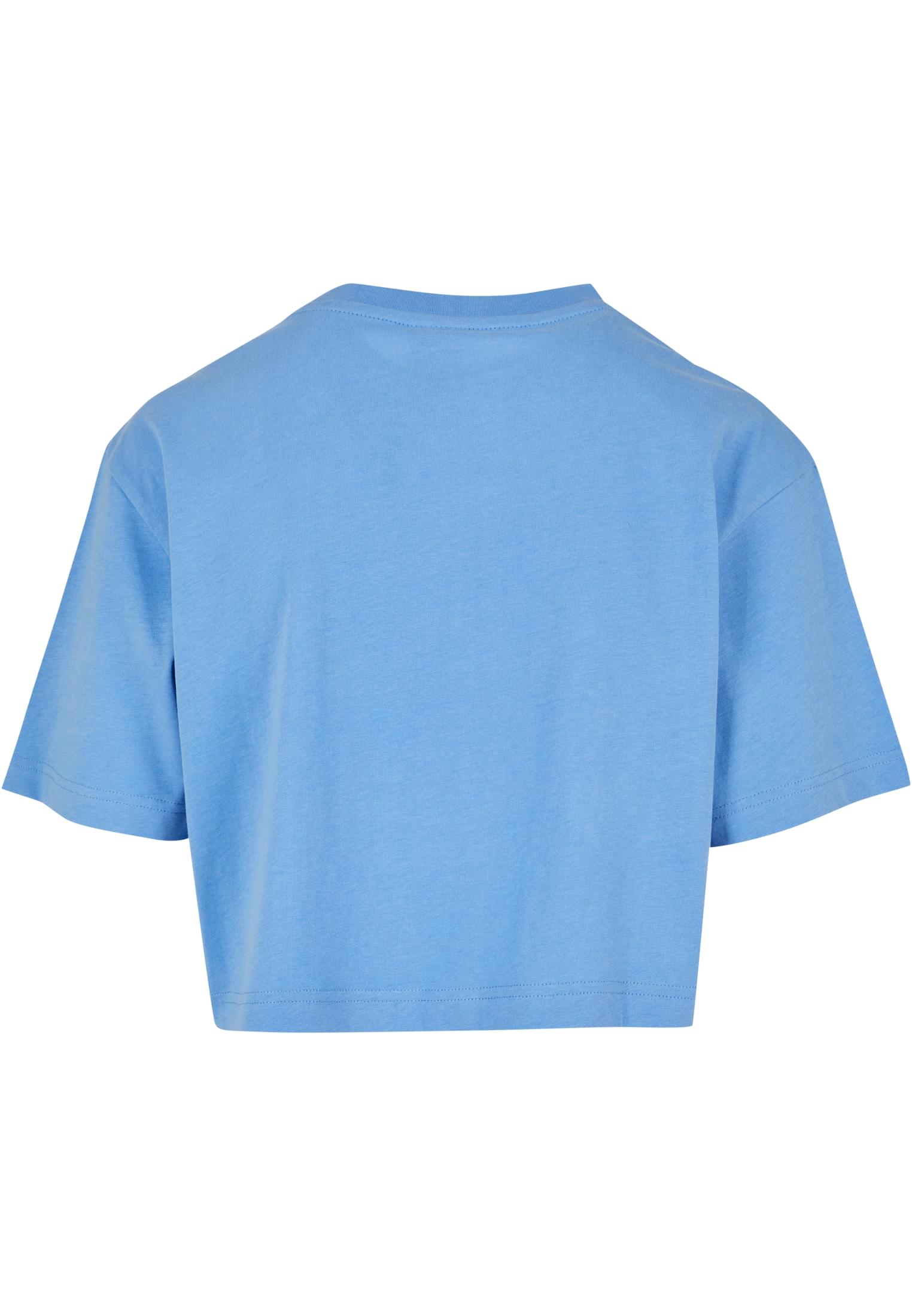 Baksidan av en ljusblå, kort och oversized t-shirt för damer.